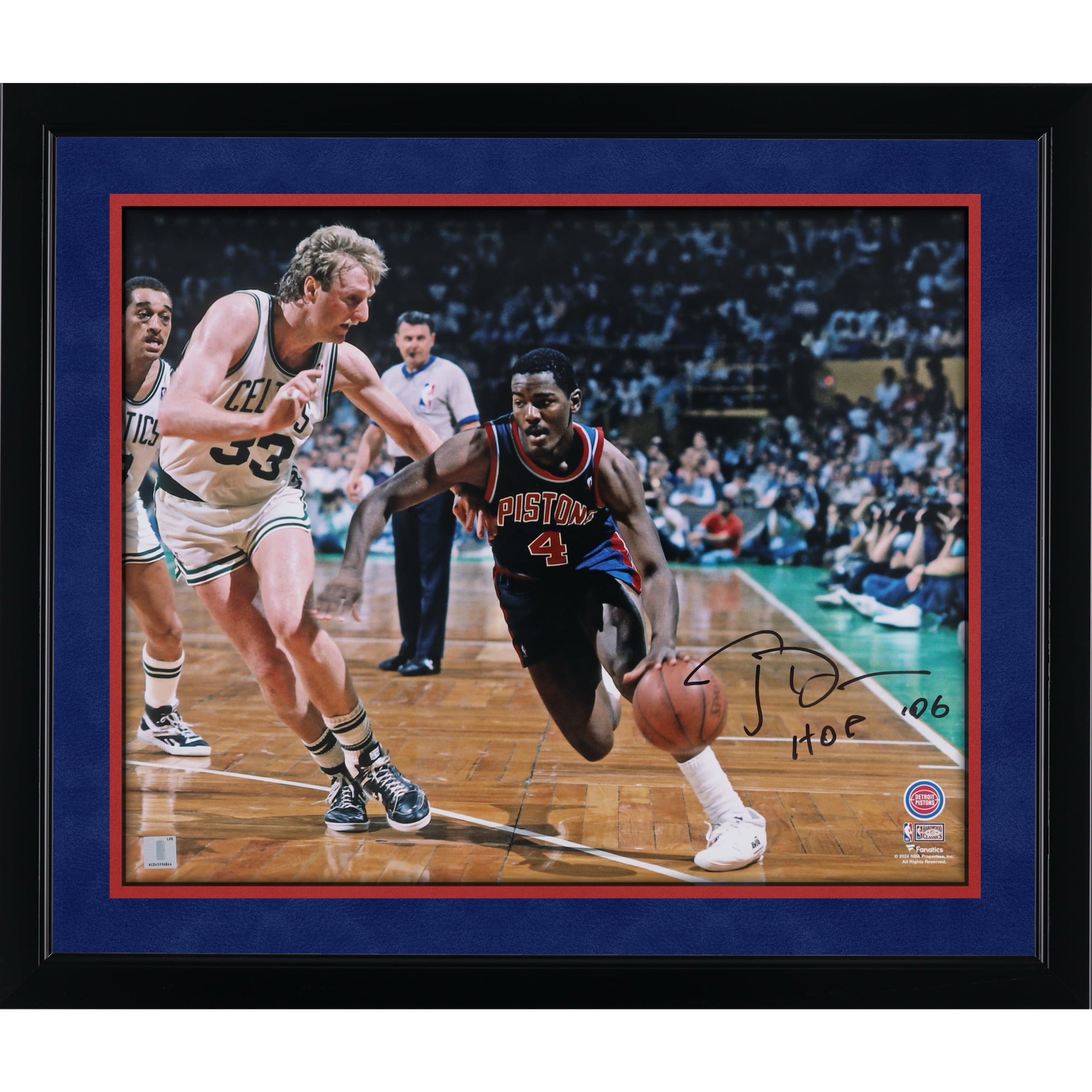 Joe Dumars Detroit Pistons Autographed 16" x 20" Dribbling vs. Larry Bird Photograph with "HOF 06" Inscription