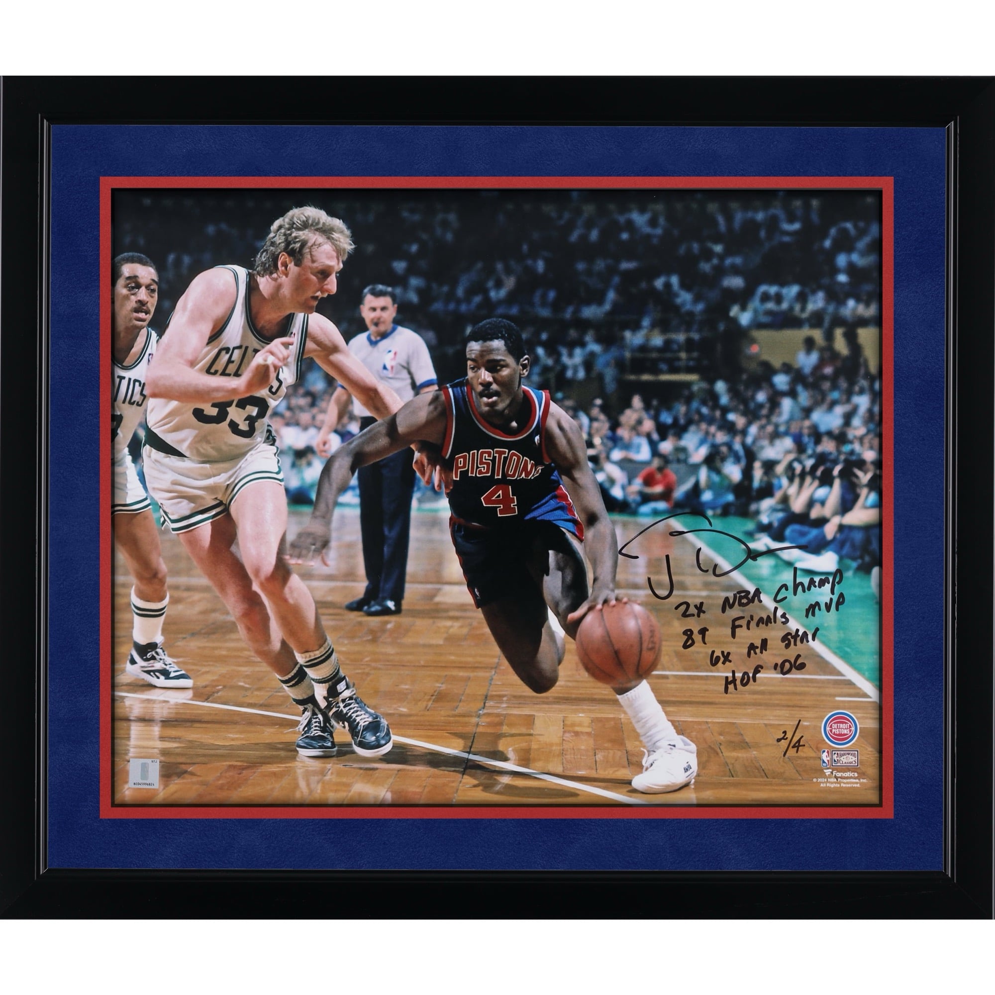 Joe Dumars Detroit Pistons Autographed 16" x 20" Dribbling vs. Larry Bird Photograph with Multiple Inscriptions - Limited Edition of 4