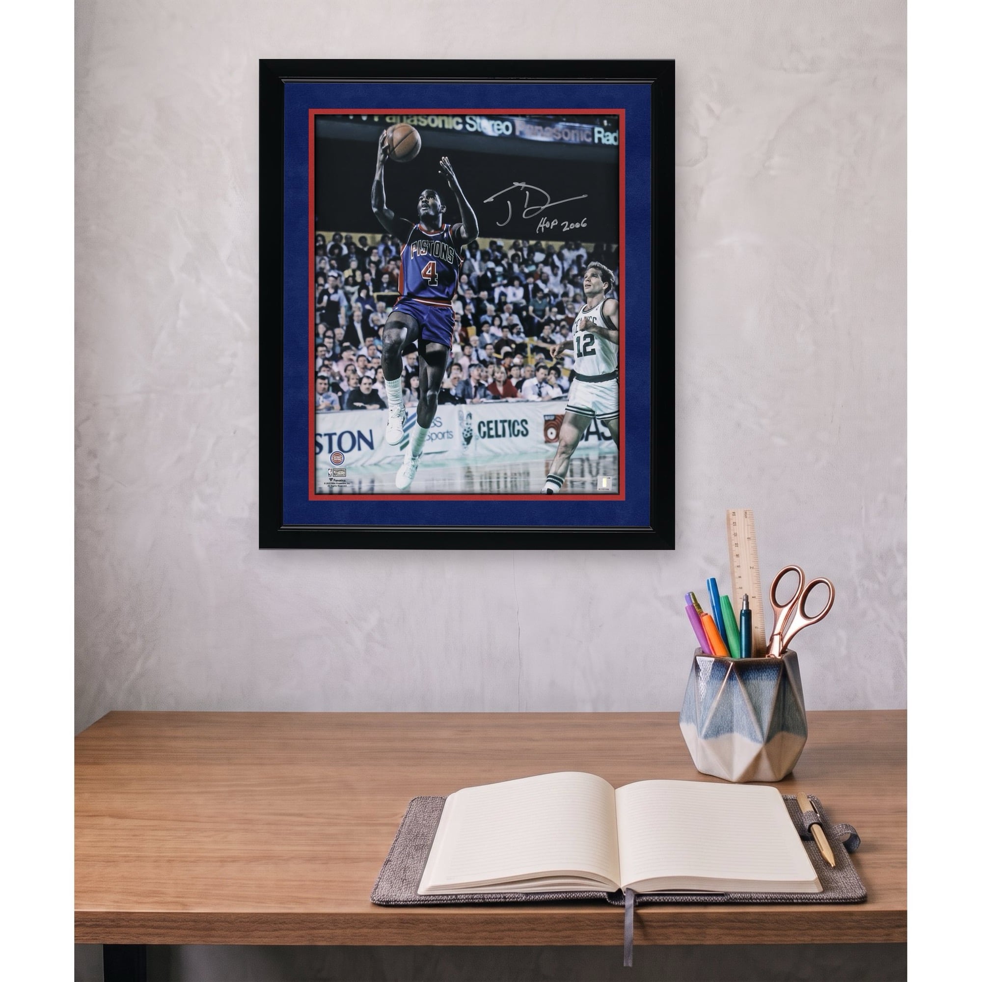 Joe Dumars Detroit Pistons Autographed 16" x 20" Layup vs. Boston Celtics Photograph with "HOF 2006" Inscription