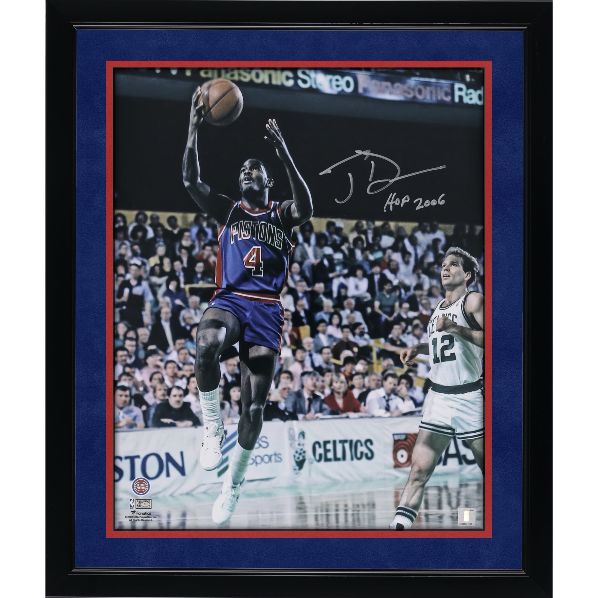 Joe Dumars Detroit Pistons Autographed 16" x 20" Layup vs. Boston Celtics Photograph with "HOF 2006" Inscription