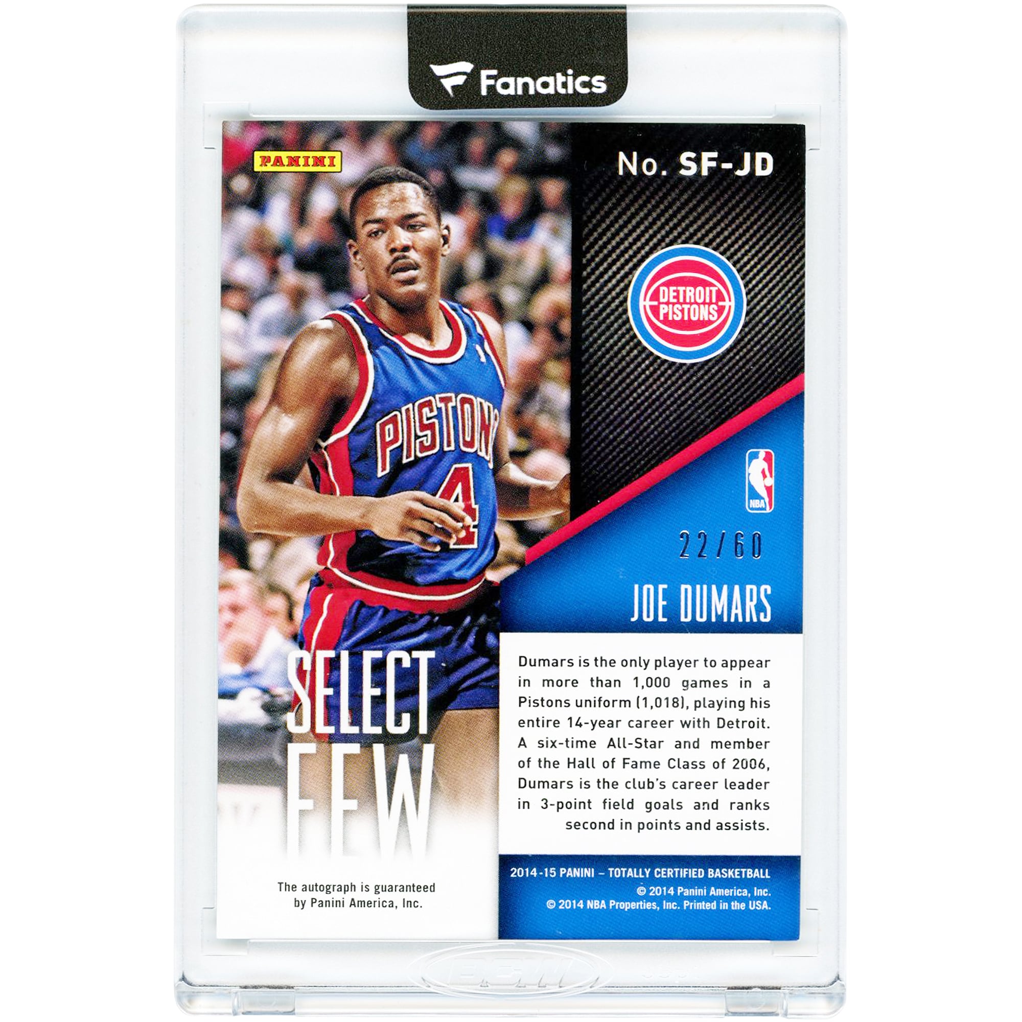 Carte autographiée de Joe Dumars (Detroit Pistons) 2014-15 Panini Totally Certified Select Few Signatures #SF-JD #22/60