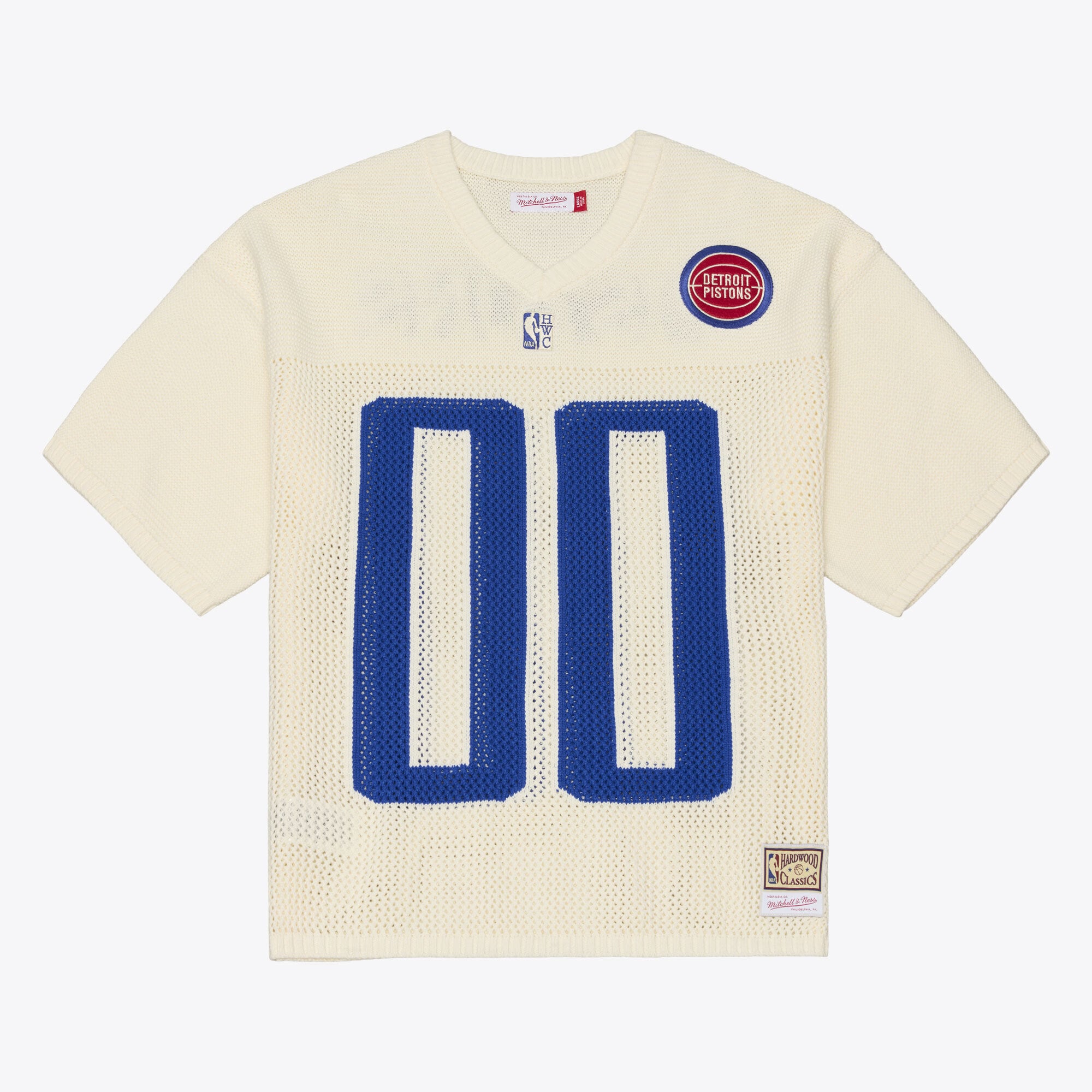 Men's Mitchell & Ness  Cream Detroit Pistons Hardwood Classics Retro Roots Short Sleeve Sweater Jersey
