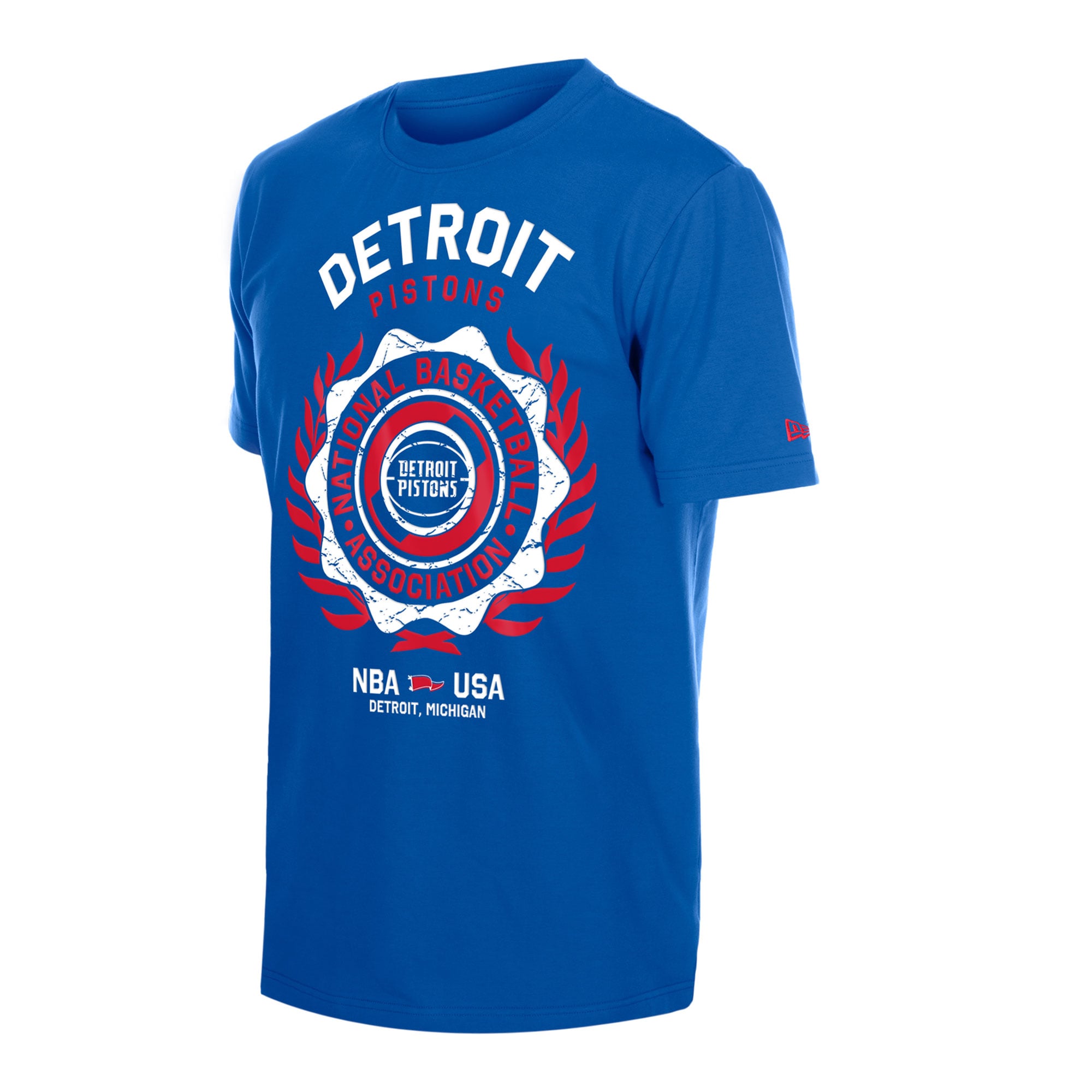 T-shirt floqué New Era bleu Detroit Pistons Laurel Crest pour homme