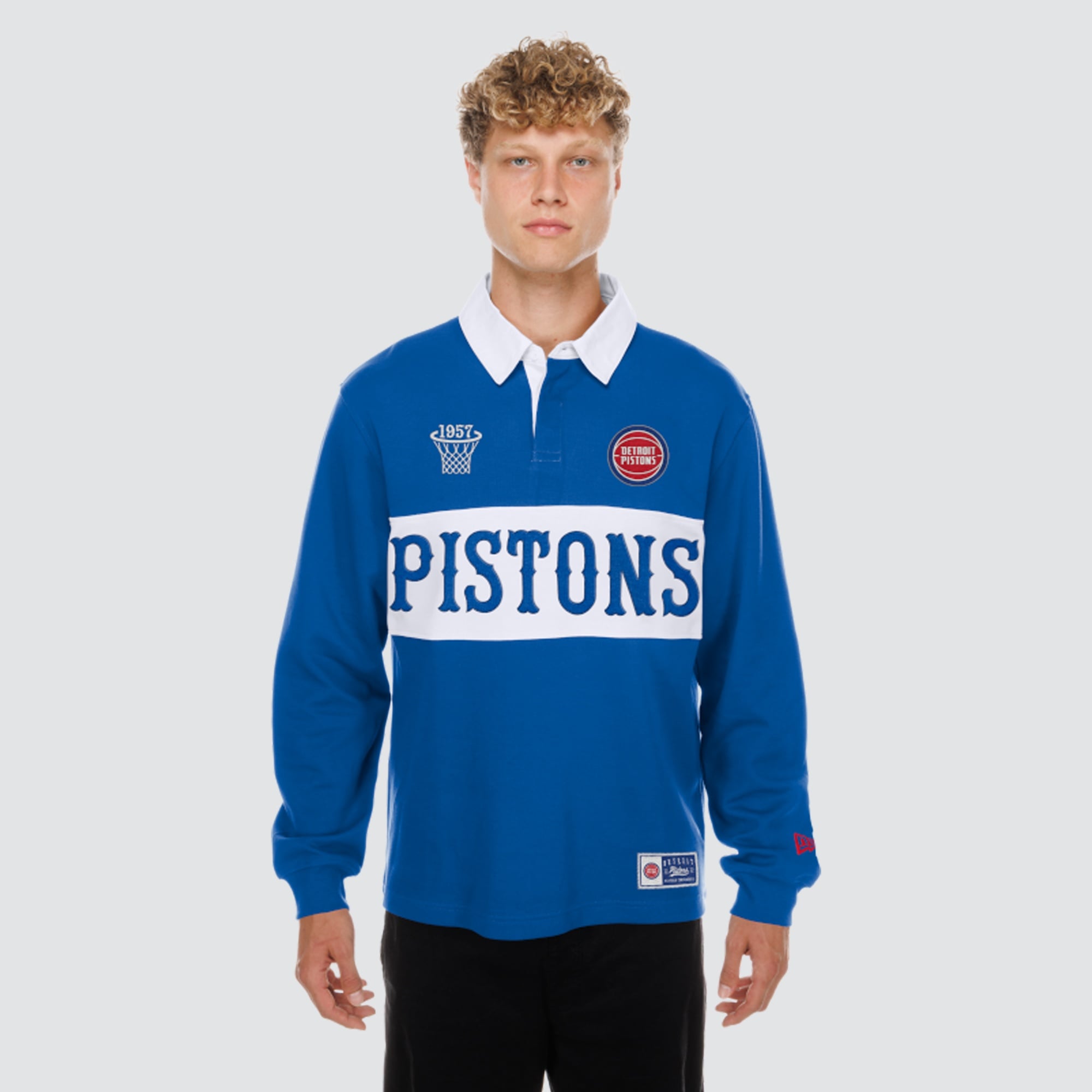 Polo de rugby à manches longues New Era bleu Detroit Pistons pour homme