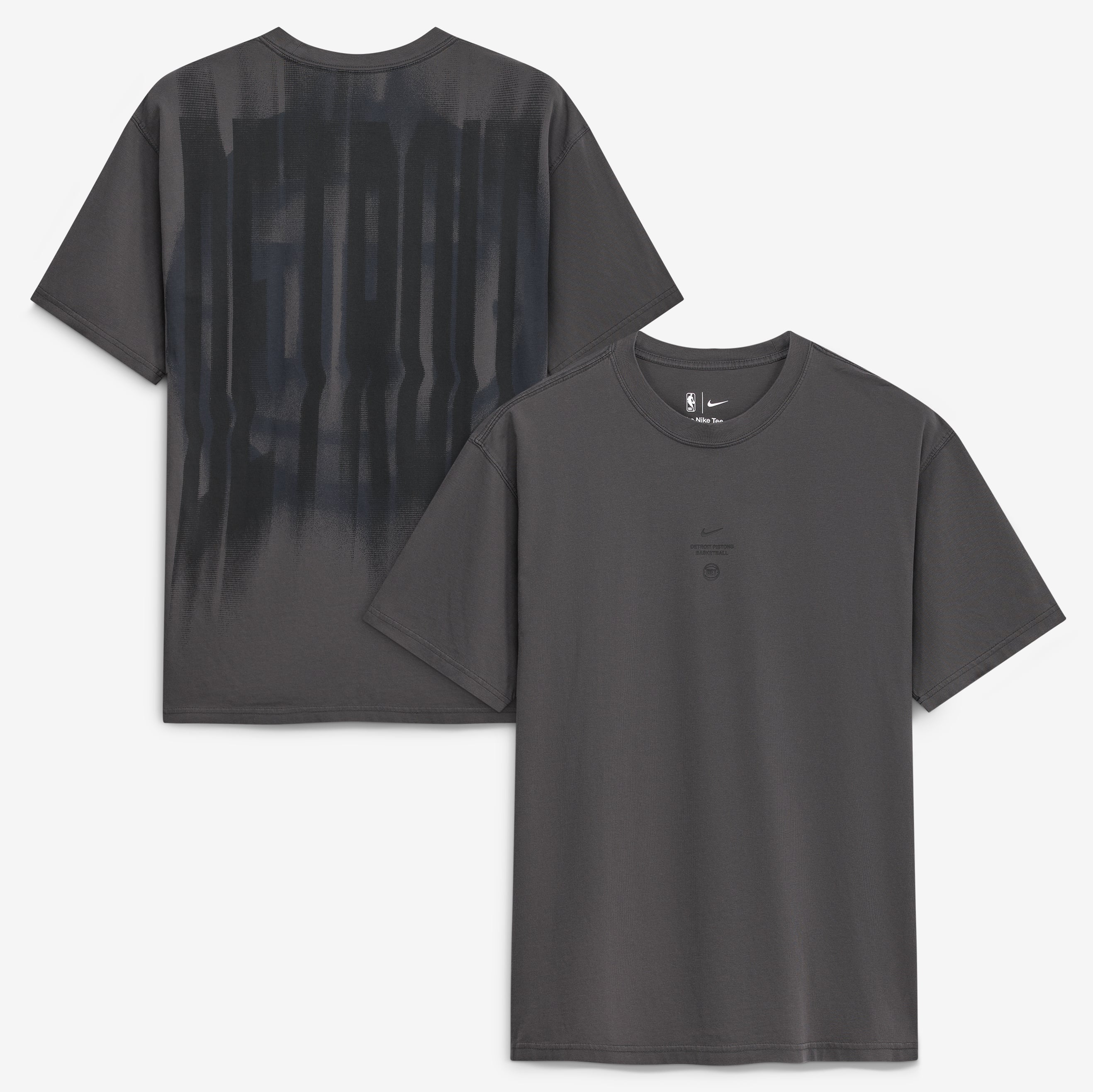T-shirt Nike Max 90 d'avant-match, couleur anthracite, Detroit Pistons 2026, modèle standard.