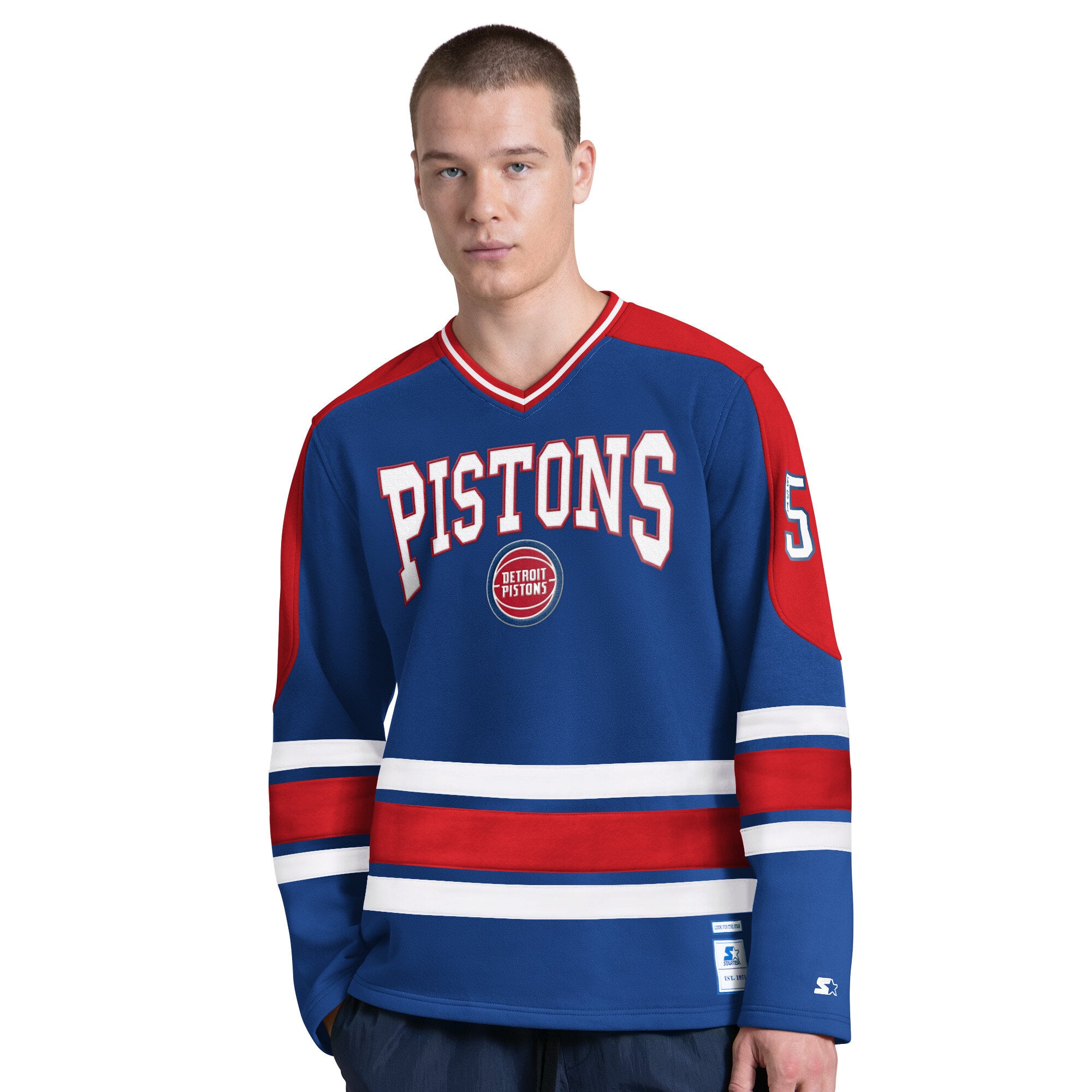 T-shirt à manches longues et col en V Starter Blue Detroit Pistons pour homme