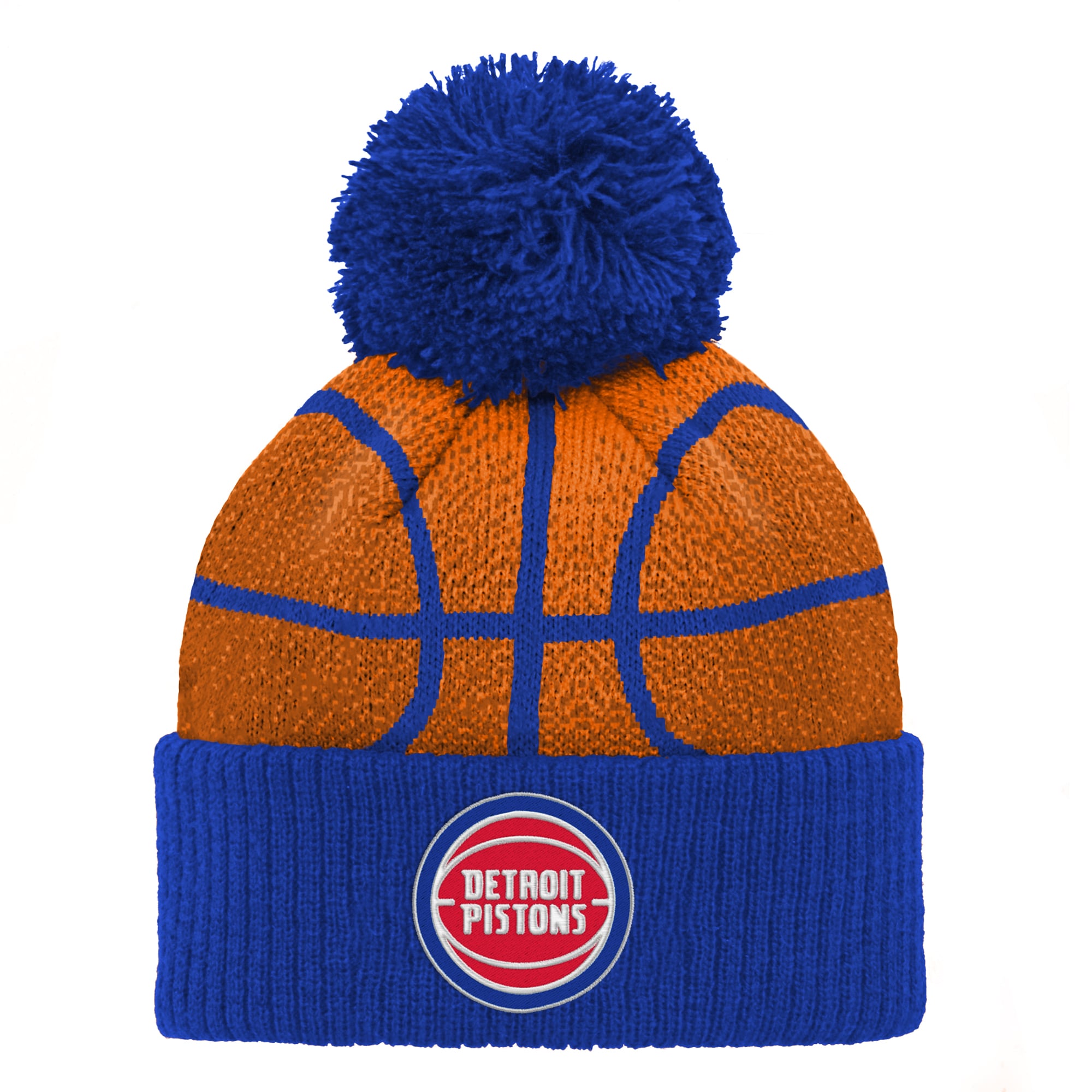 Bonnet tricoté à revers bleu Detroit Pistons avec pompon, idéal pour les enfants d'âge préscolaire.