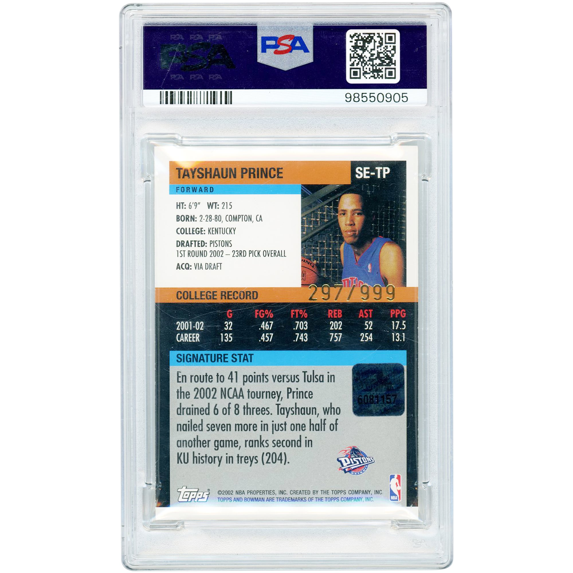 Tayshaun Prince Detroit Pistons Autographed 2002-03 Bowman Signature Jersey Relic #SE-TP #297/299 PSA Authenticated 7/10 Rookie Card
