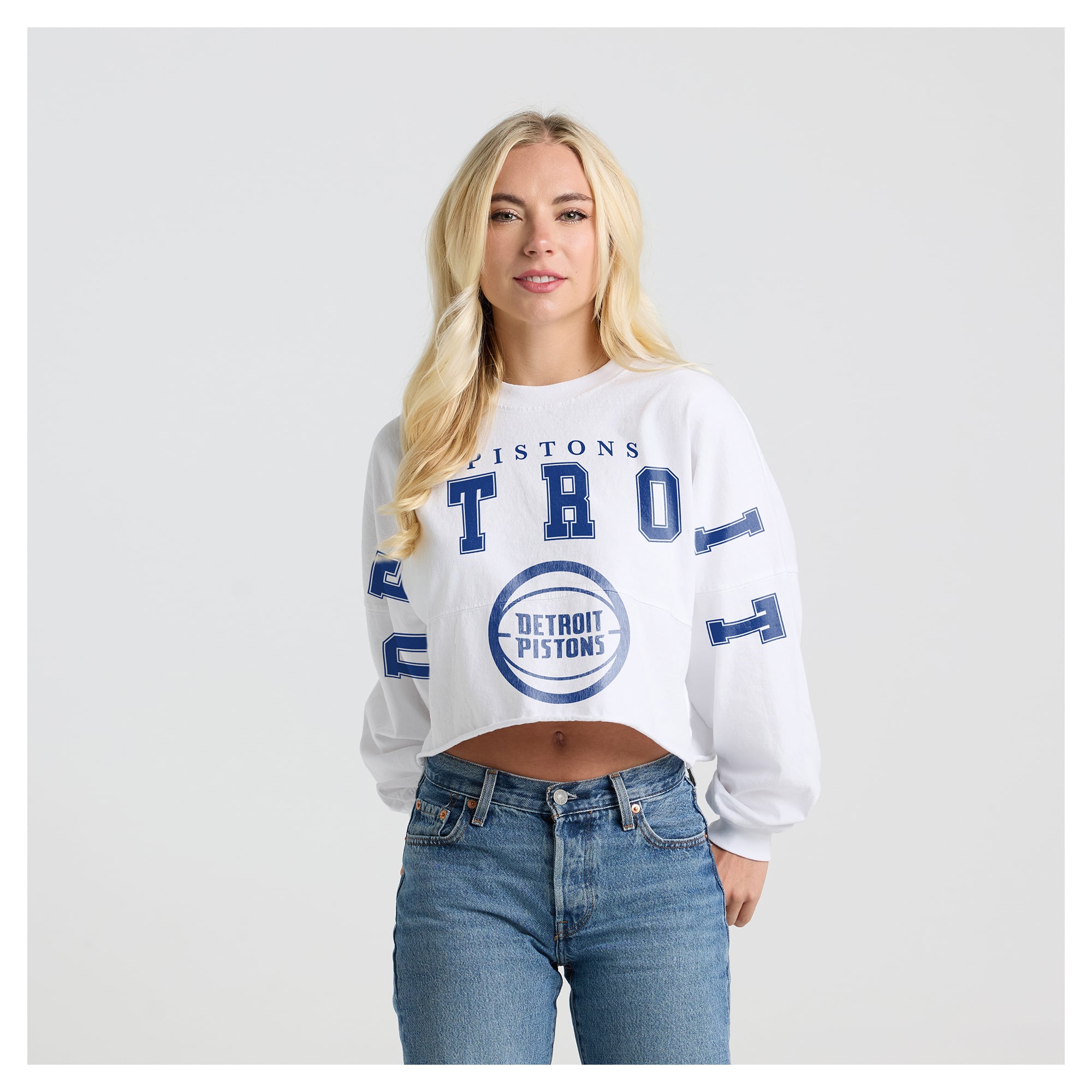 Women's Fanatics White Detroit Pistons Spirit Jersey Cropped Crew Neck Sweatshirt