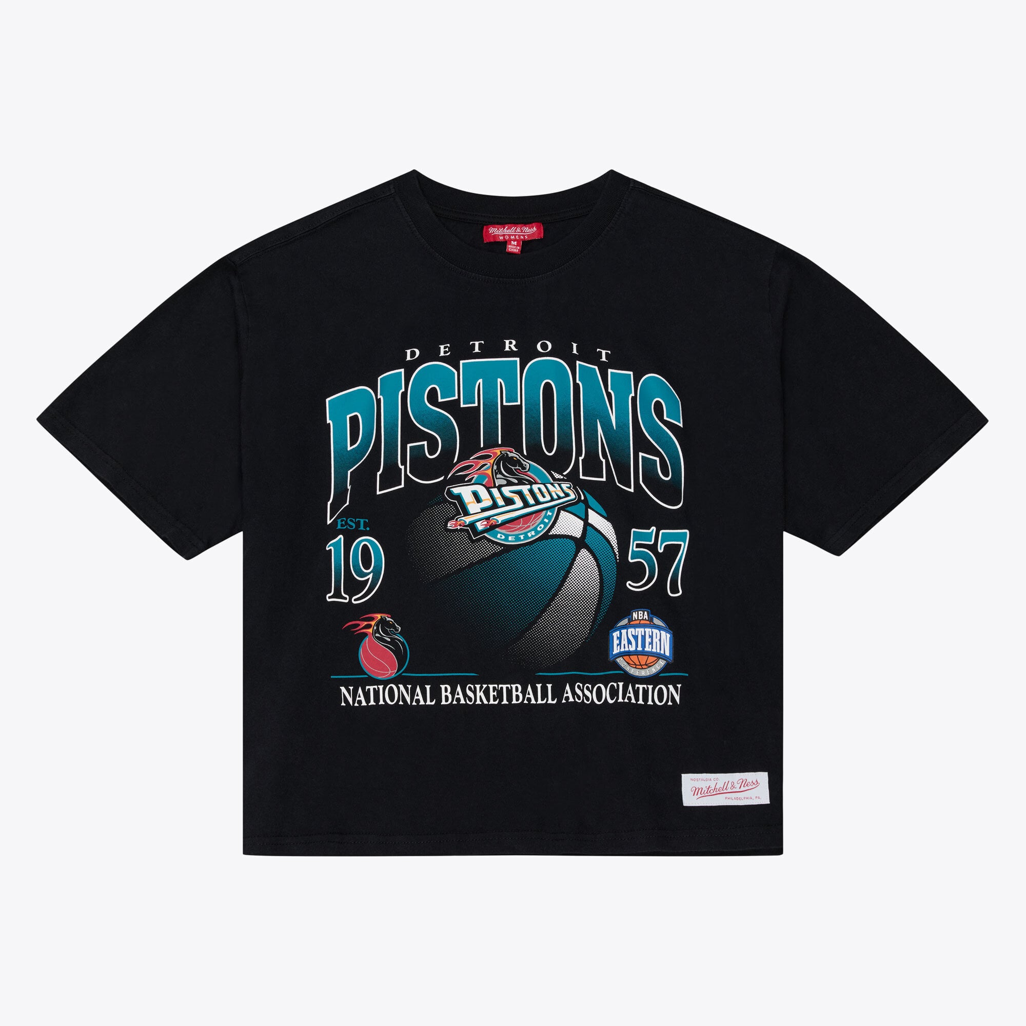 T-shirt court à imprimé graphique urbain noir Mitchell & Ness Detroit Pistons pour femme