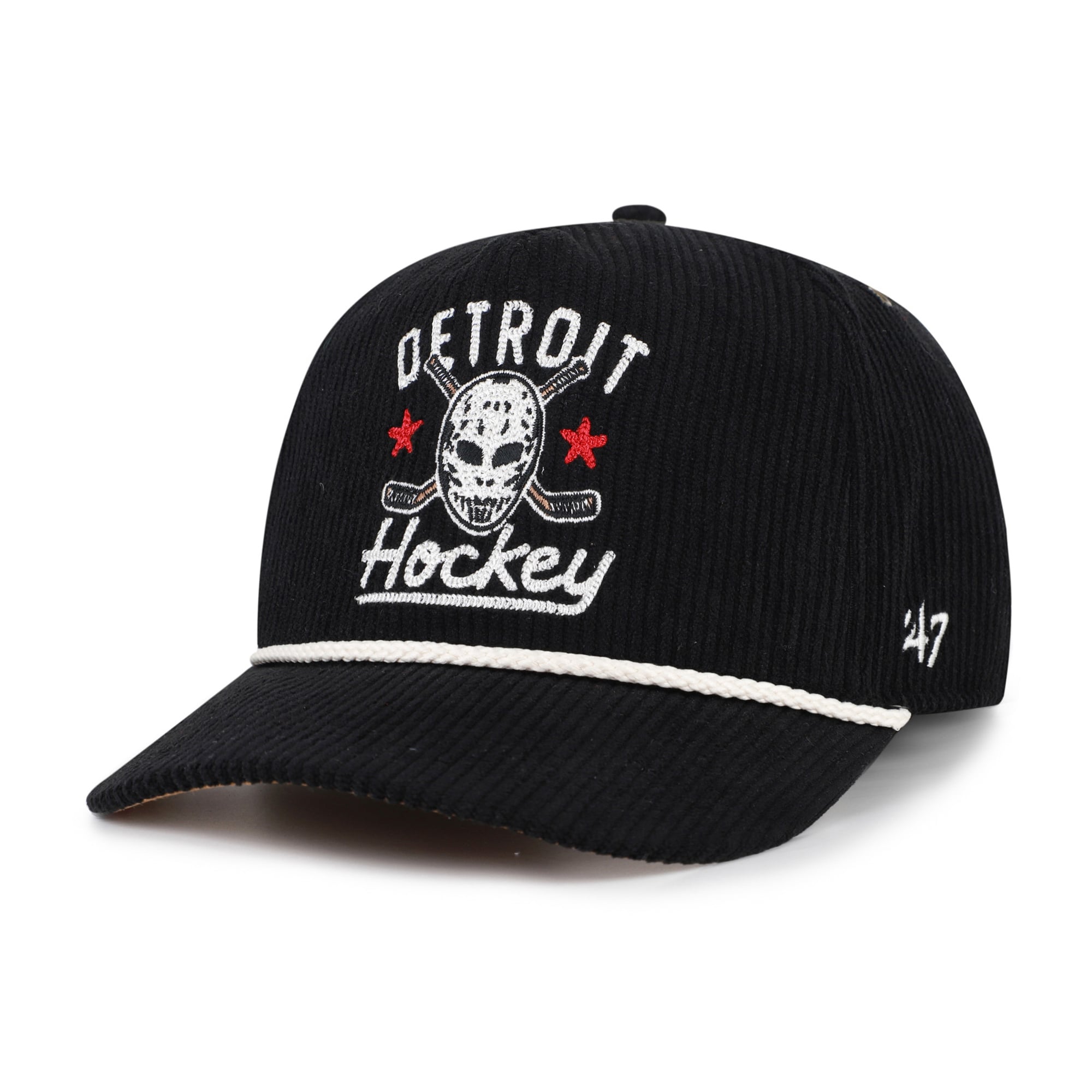 Masque de hockey Detroit Red Wings noir pour homme, modèle 47, en velours côtelé avec boucle ajustable.