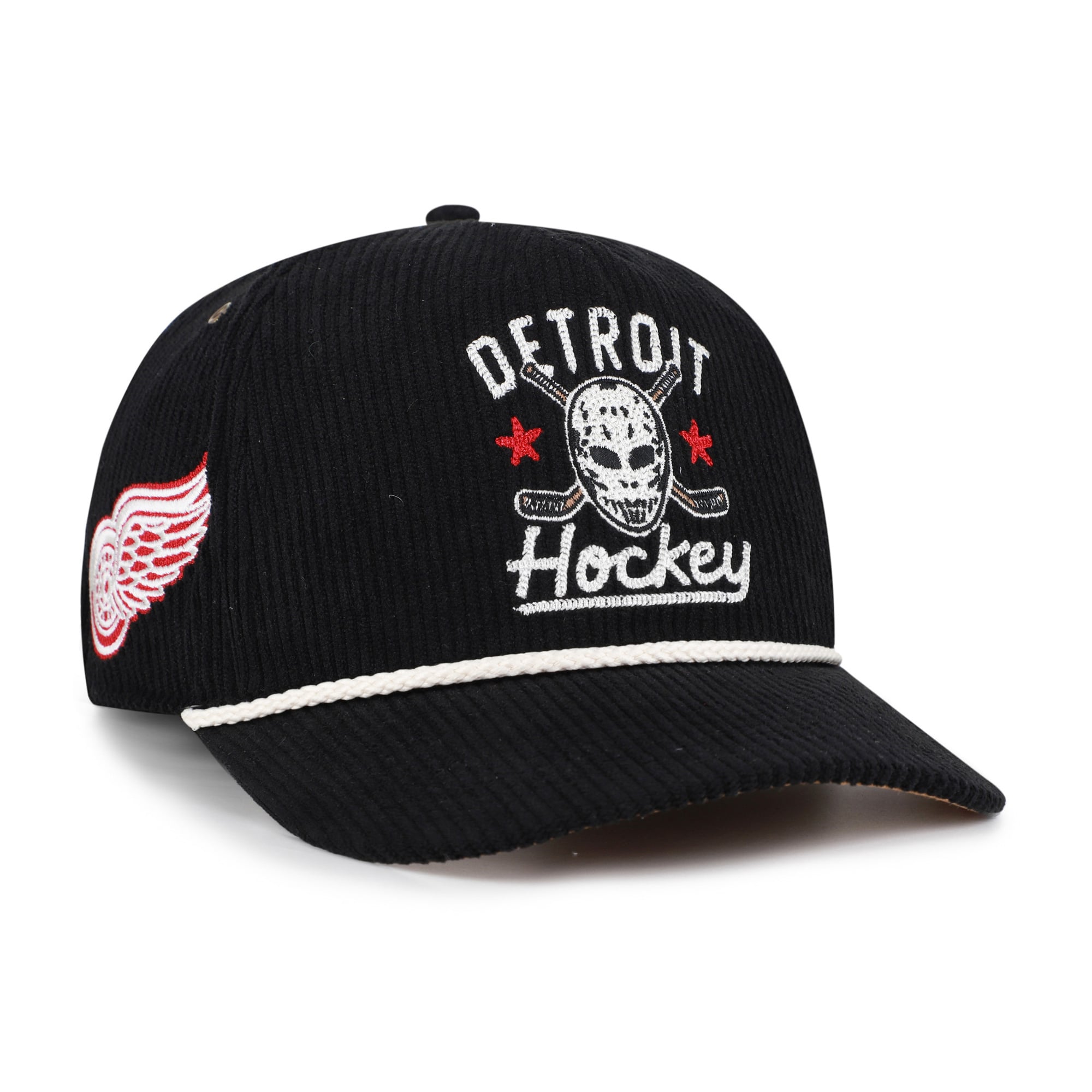 Masque de hockey Detroit Red Wings noir pour homme, modèle 47, en velours côtelé avec boucle ajustable.