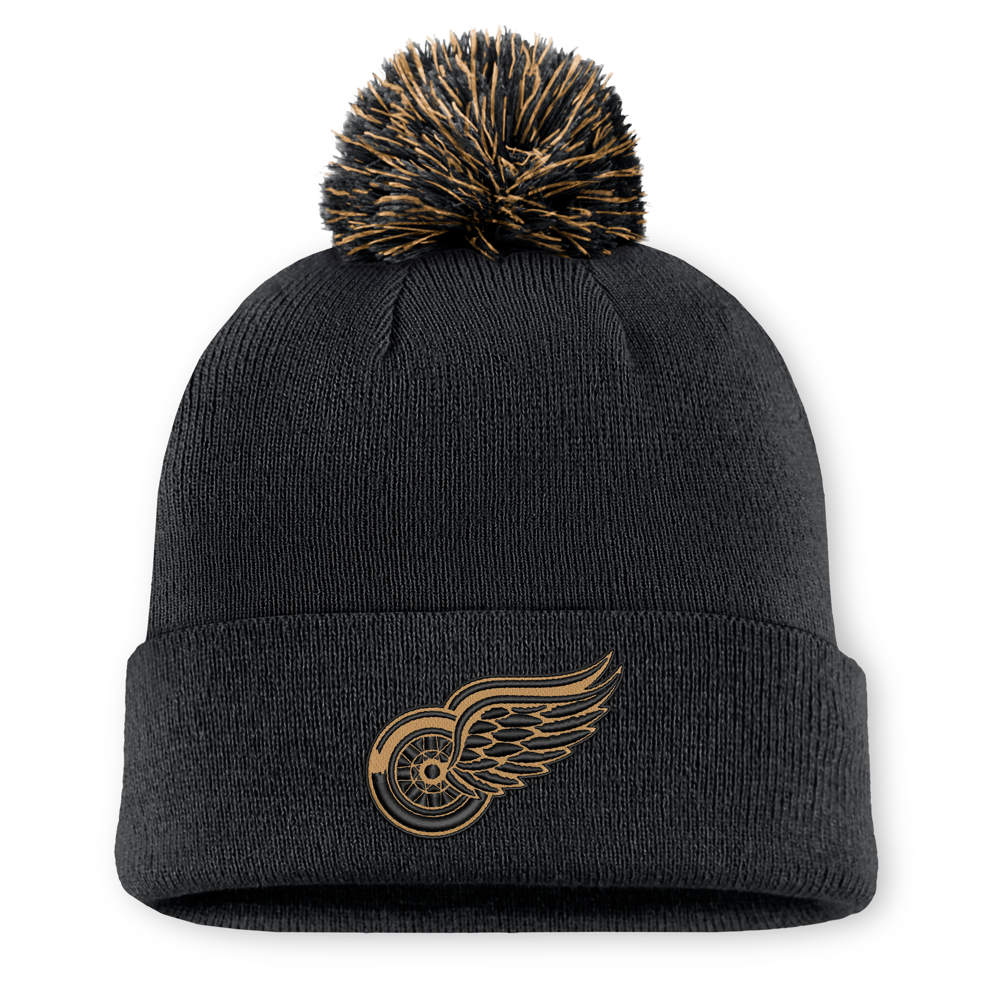 Bonnet tricoté authentique à revers avec pompon, noir, Detroit Red Wings, édition spéciale militaire, de la marque Fanatics.