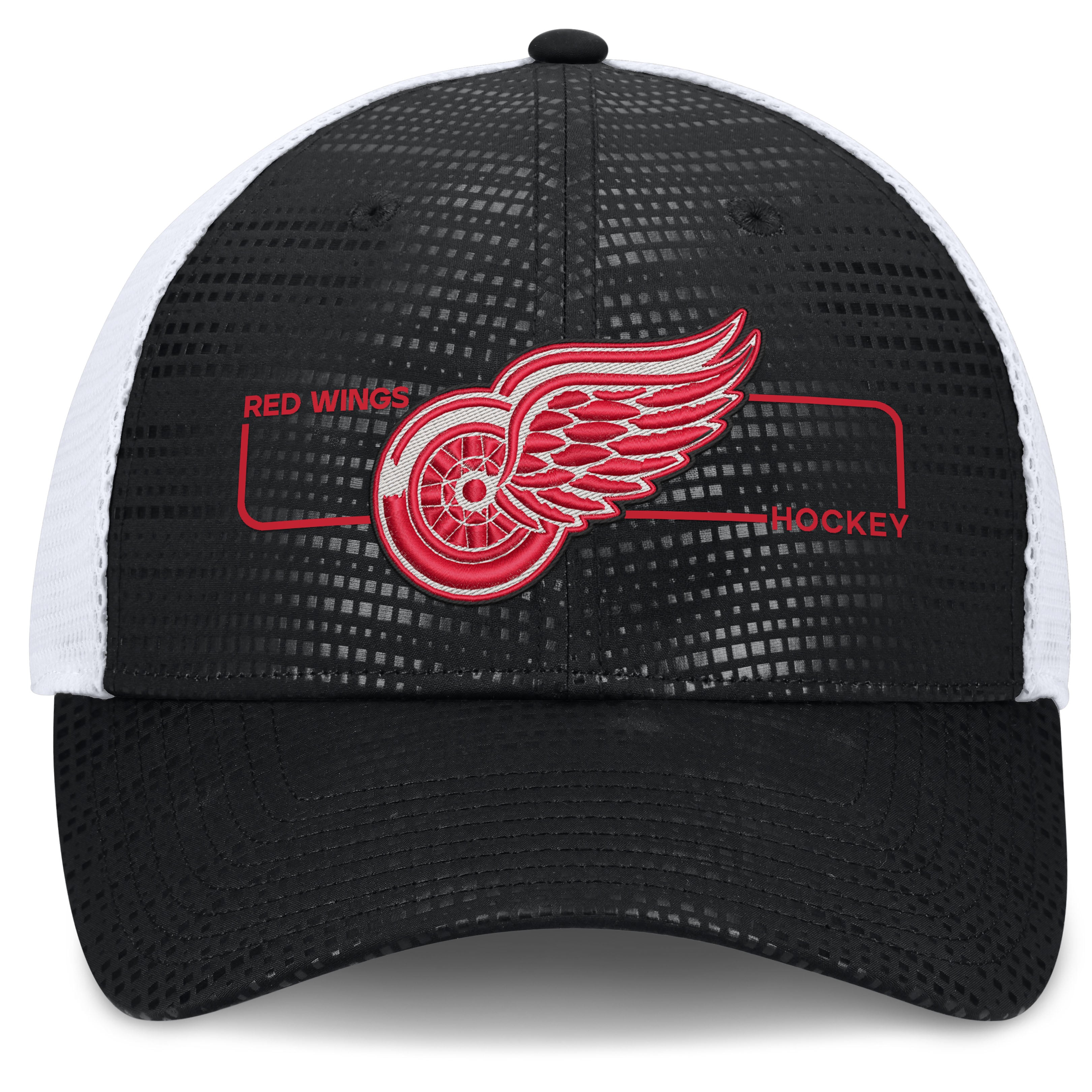 Men's Fanatics Black/White Detroit Red Wings Authentic Pro Rink Boxed Logo Trucker Hat