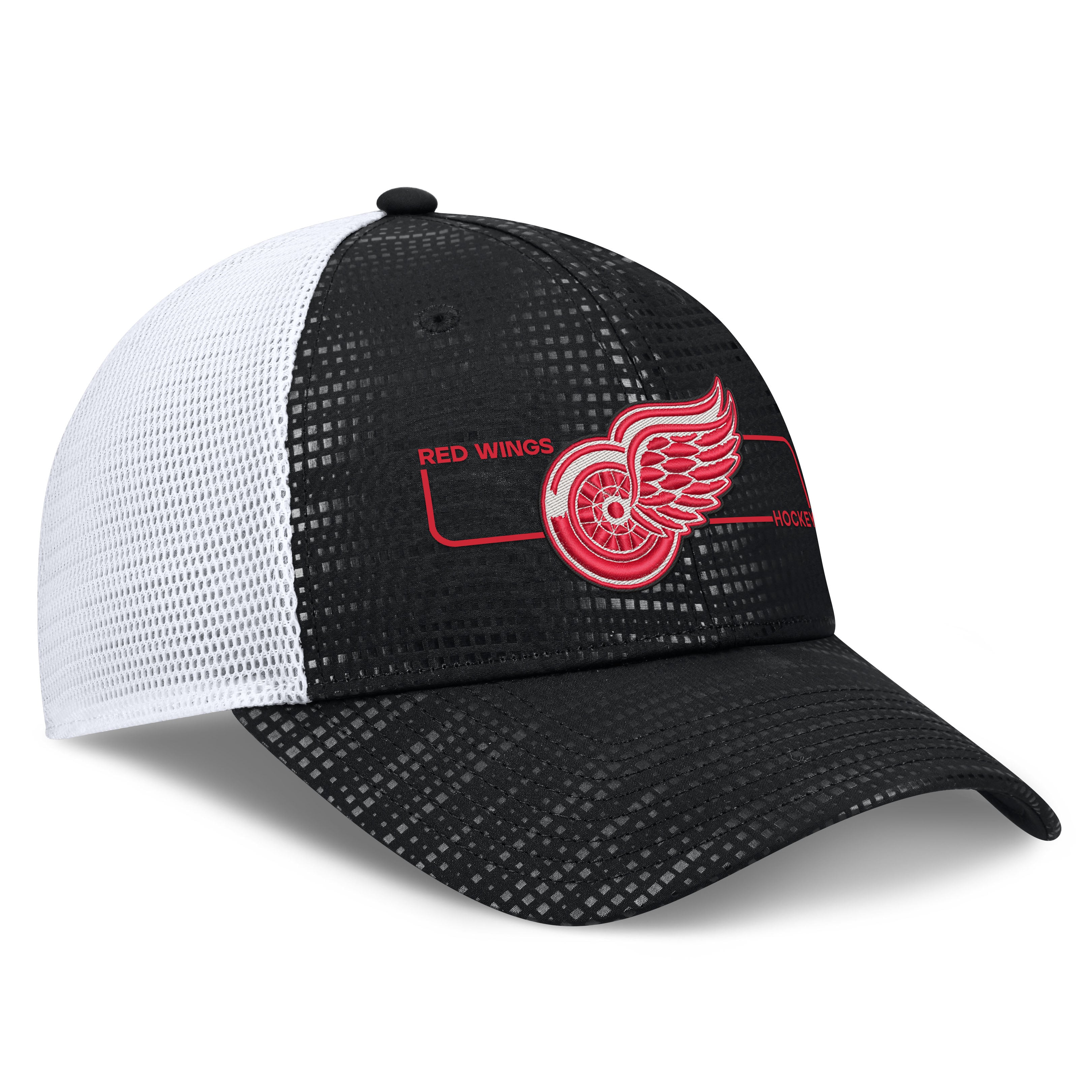 Men's Fanatics Black/White Detroit Red Wings Authentic Pro Rink Boxed Logo Trucker Hat