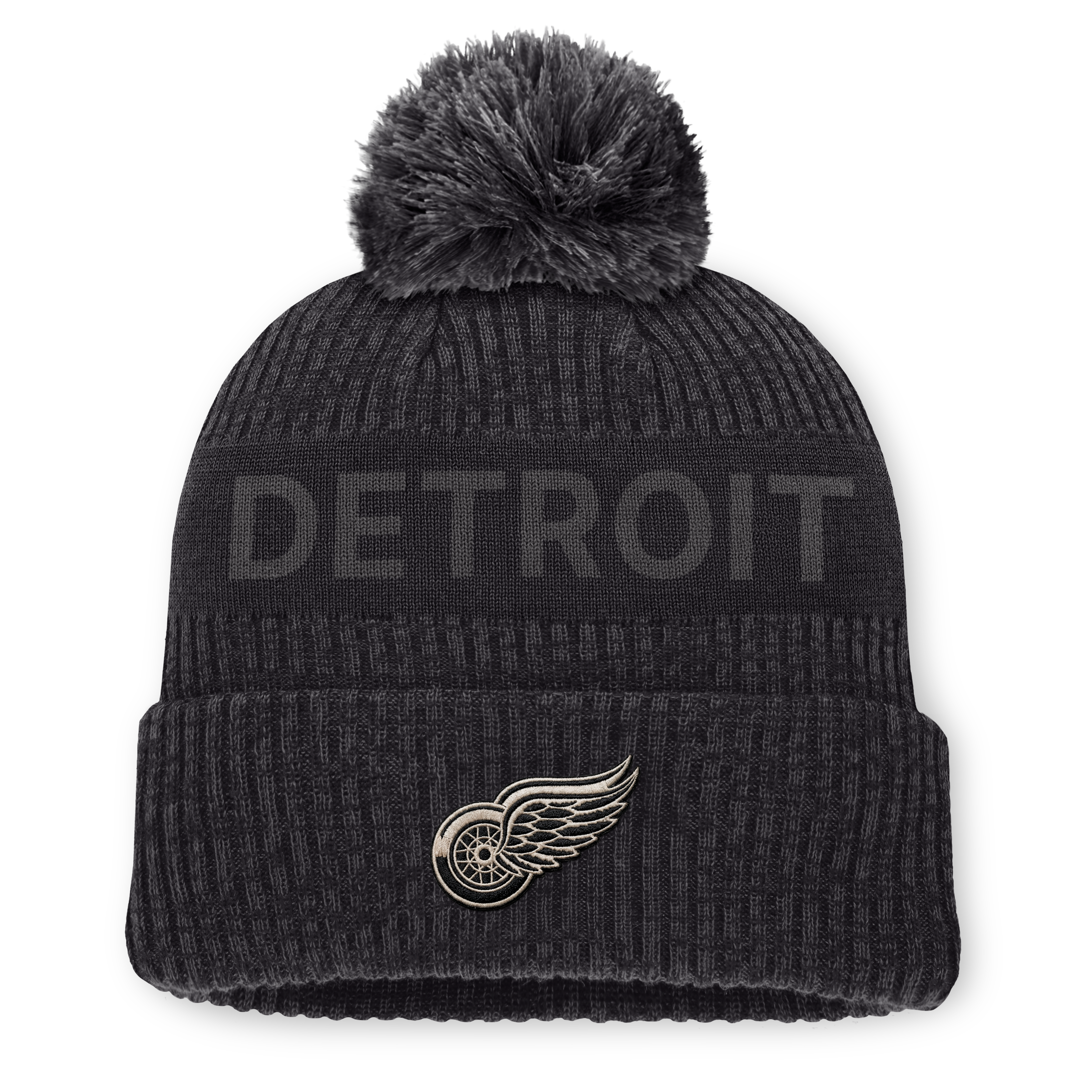 Bonnet à revers Fanatics pour homme, couleur anthracite, Detroit Red Wings Road Phantom, avec pompon