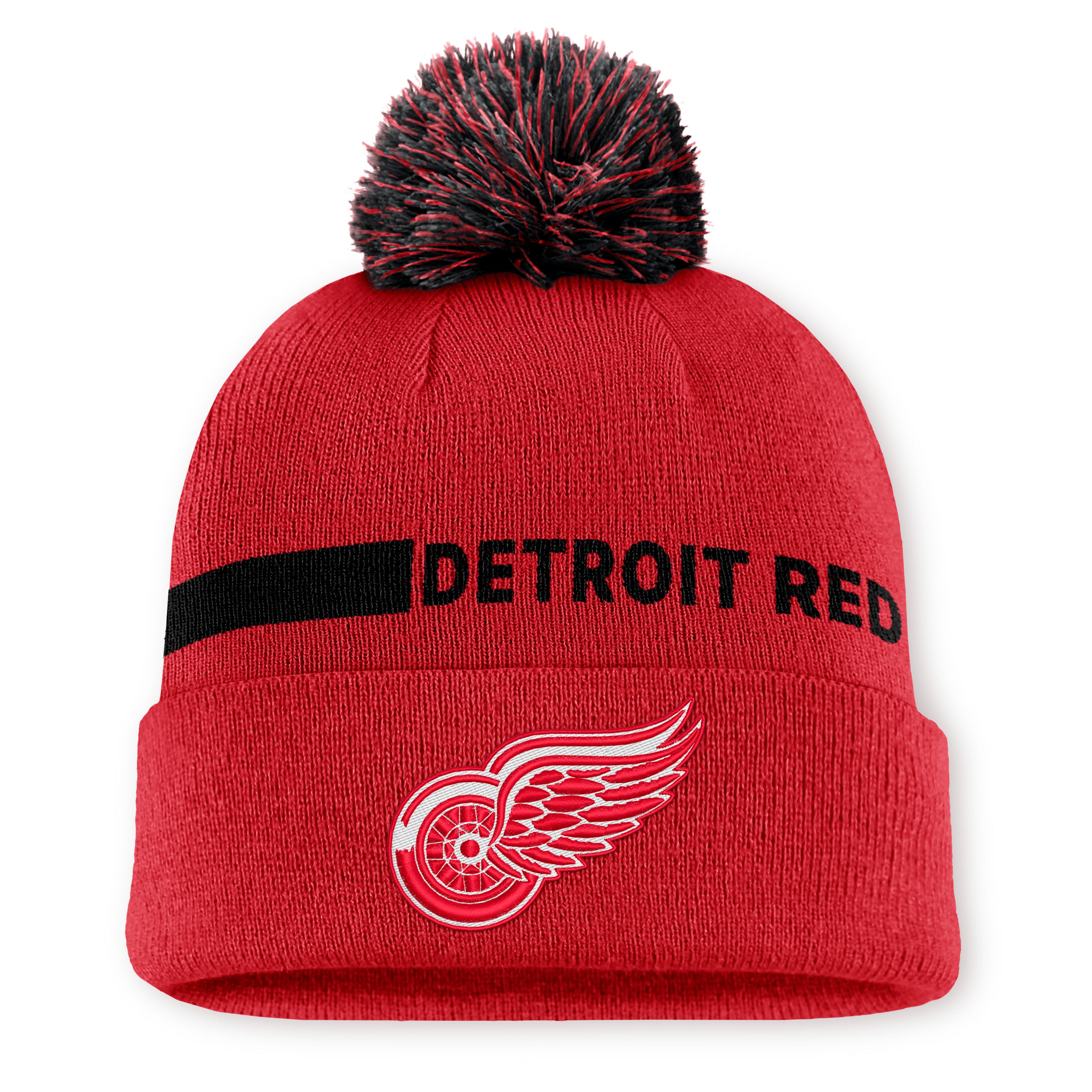 Bonnet tricoté authentique Detroit Red Wings rouge à revers avec pompon