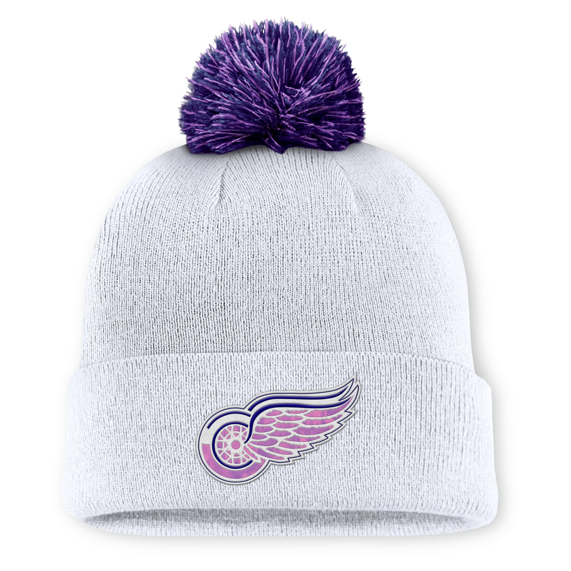Men's Fanatics White Detroit Red Wings Authentic Pro Hockey Fights Cancer Cuffed Knit Hat with Pom
