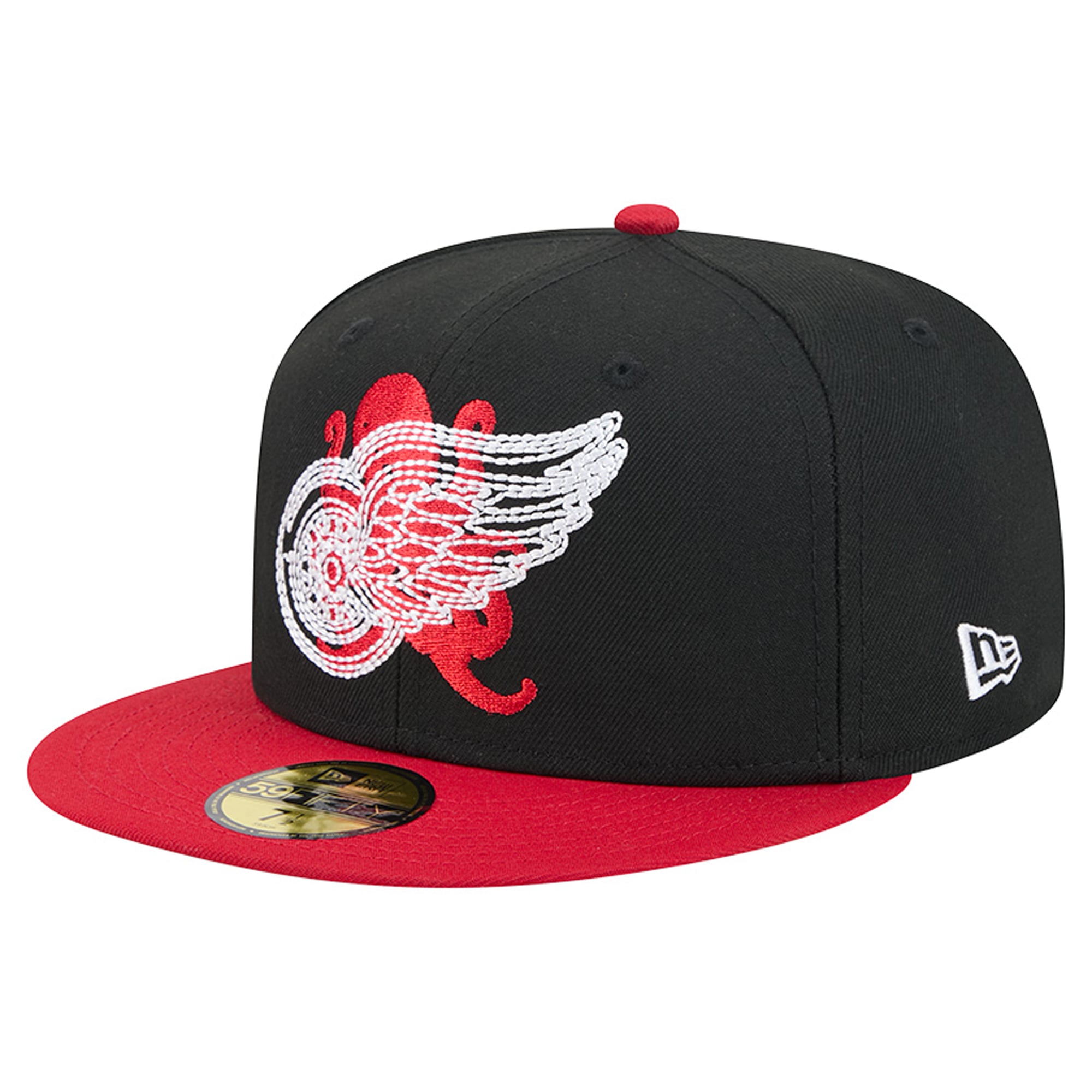 Casquette ajustée New Era 59FIFTY pour homme, noire et rouge, logo des Red Wings de Détroit avec surpiqûres.