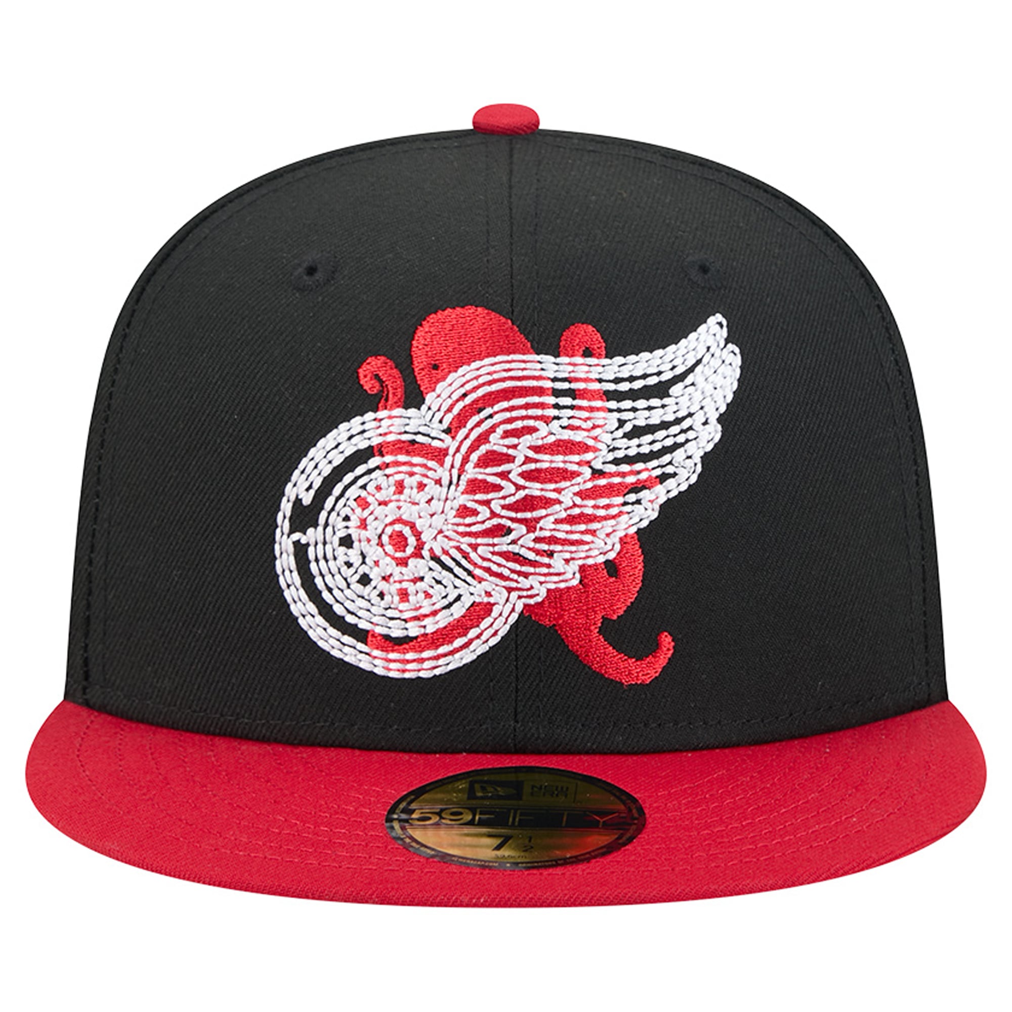 Casquette ajustée New Era 59FIFTY pour homme, noire et rouge, logo des Red Wings de Détroit avec surpiqûres.