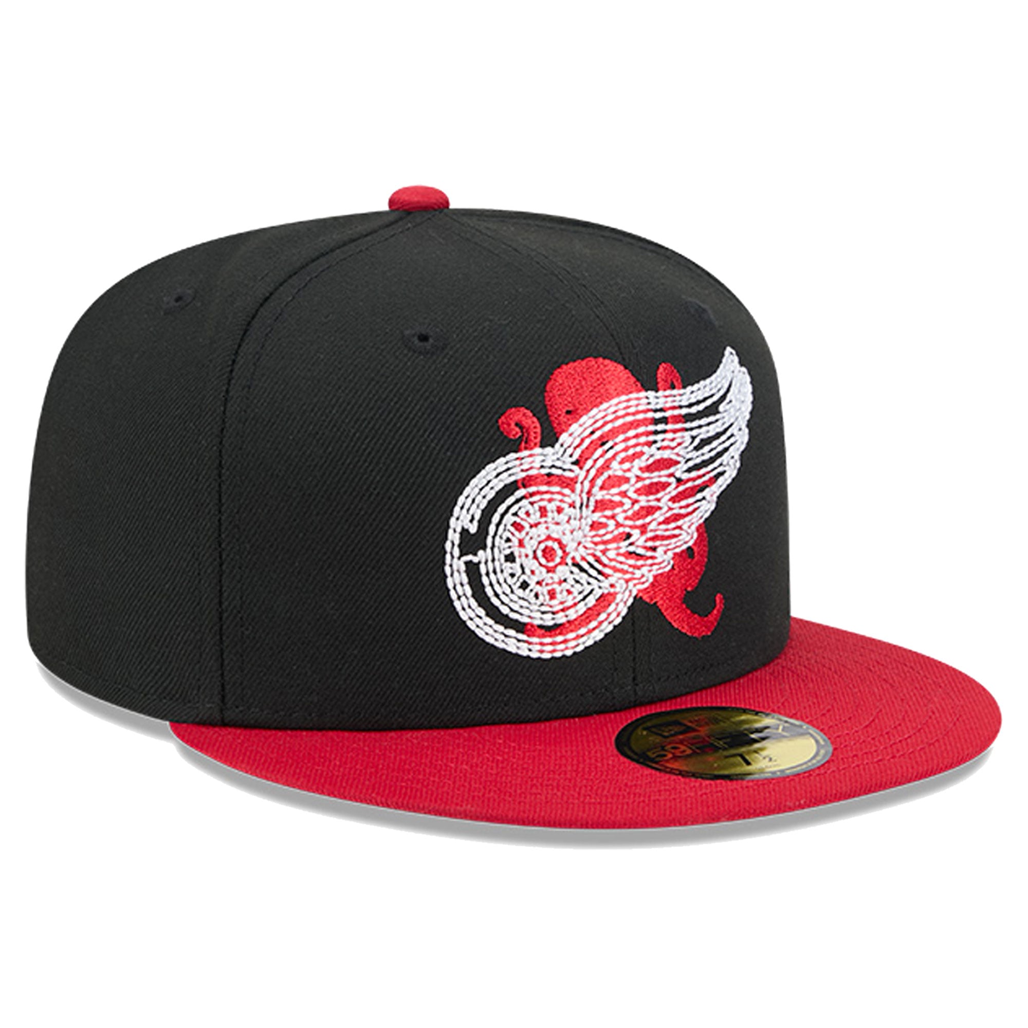 Casquette ajustée New Era 59FIFTY pour homme, noire et rouge, logo des Red Wings de Détroit avec surpiqûres.