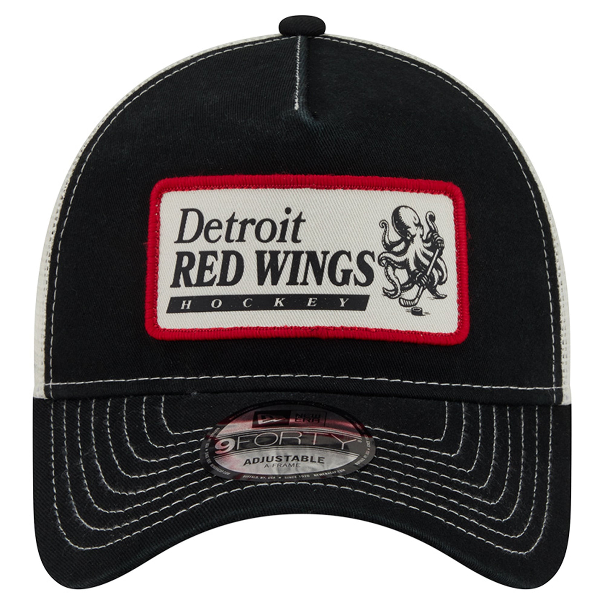 Men's New Era Black/White Detroit Red Wings Skater Patch A-Frame 9FORTY Adjustable Trucker Hat
