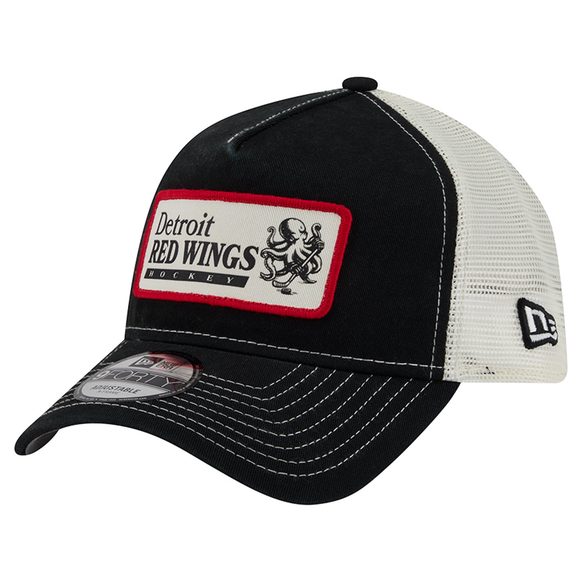 Men's New Era Black/White Detroit Red Wings Skater Patch A-Frame 9FORTY Adjustable Trucker Hat