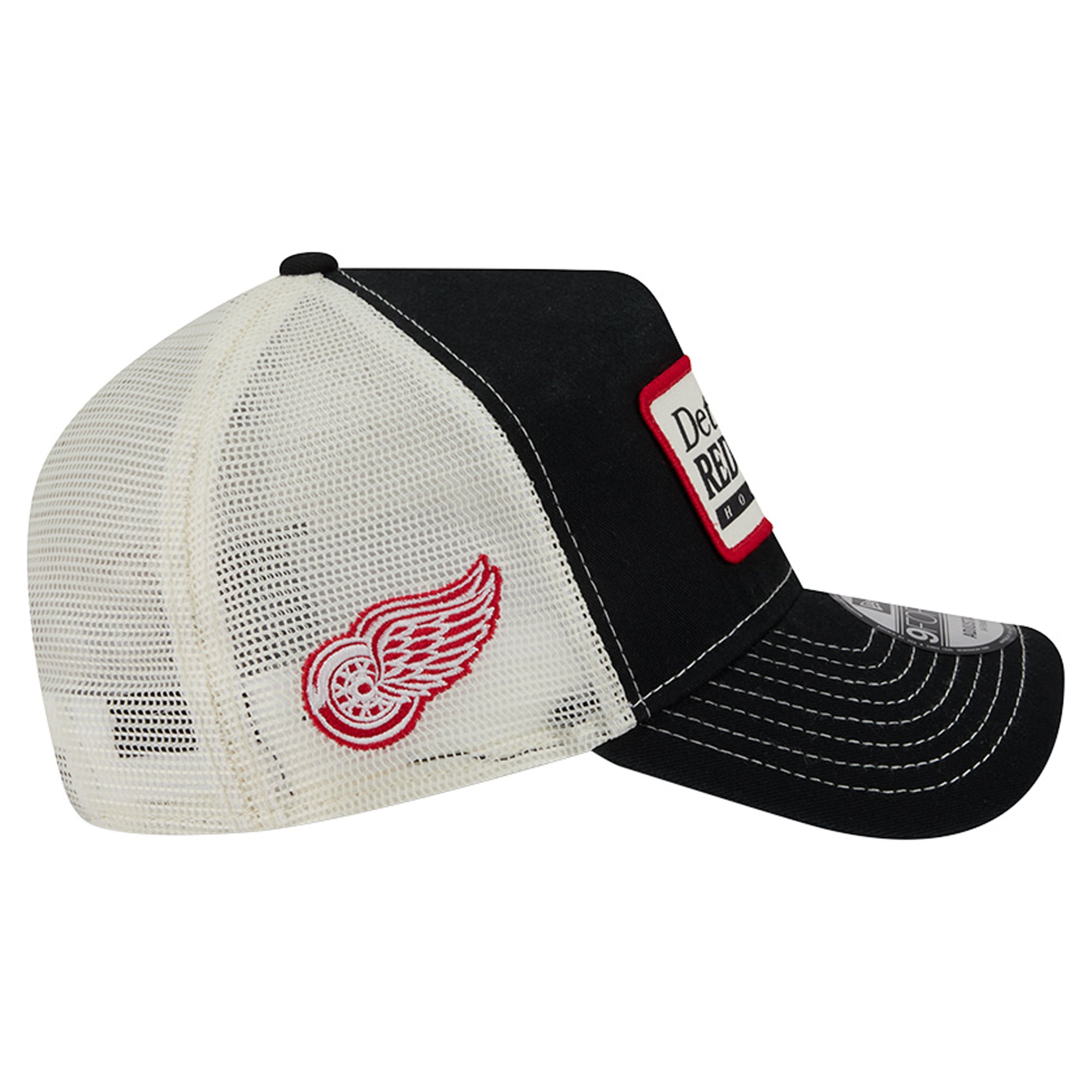 Men's New Era Black/White Detroit Red Wings Skater Patch A-Frame 9FORTY Adjustable Trucker Hat