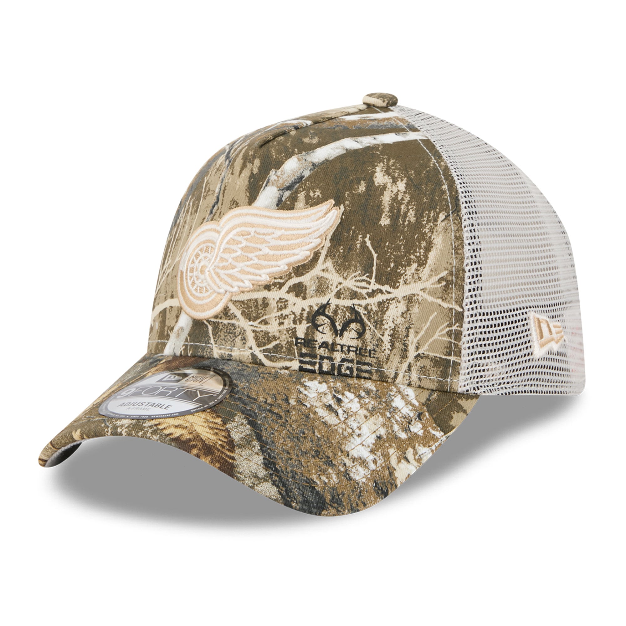 Men's New Era Camo Detroit Red Wings Real Tree A-Frame 9FORTY Adjustable Trucker Hat