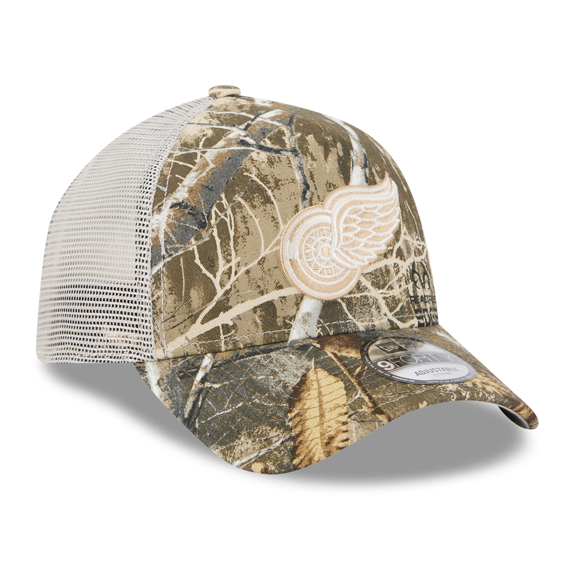 Men's New Era Camo Detroit Red Wings Real Tree A-Frame 9FORTY Adjustable Trucker Hat