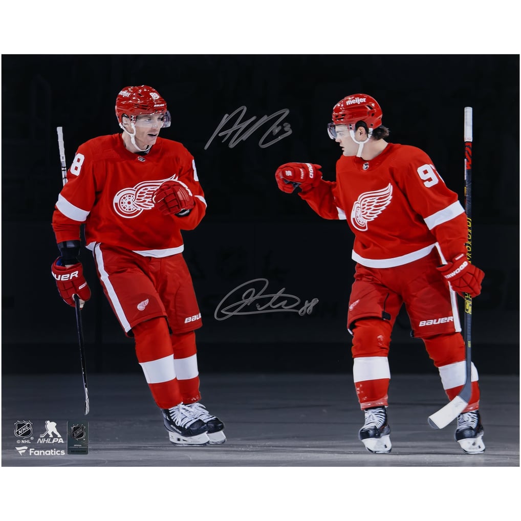 Photo de célébration double autographiée par Patrick Kane et Alex DeBrincat des Red Wings de Détroit (Fanatics Authentic, 40,6 x 50,8 cm)