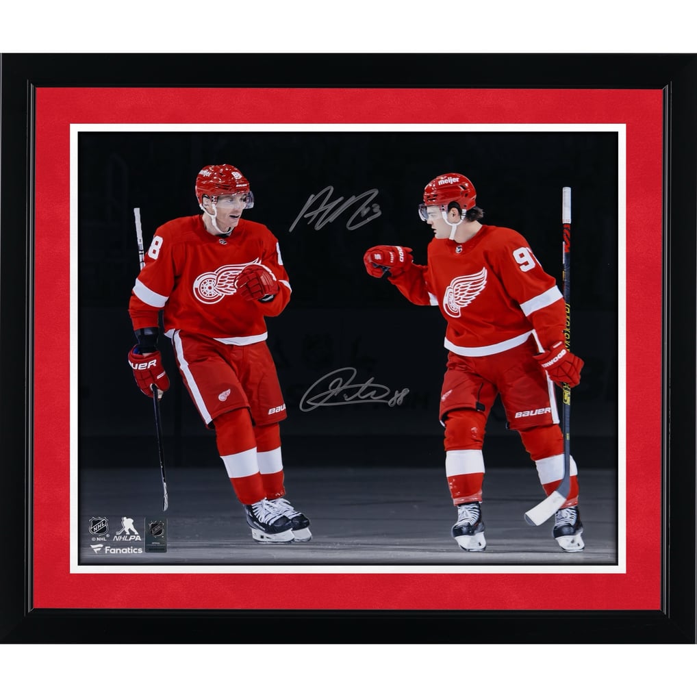 Photo de célébration double autographiée par Patrick Kane et Alex DeBrincat des Red Wings de Détroit (Fanatics Authentic, 40,6 x 50,8 cm)