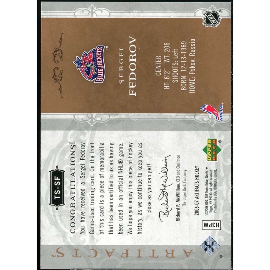 Sergei Fedorov Card 2006-07 Artifacts Treasured Swatches #TSSF