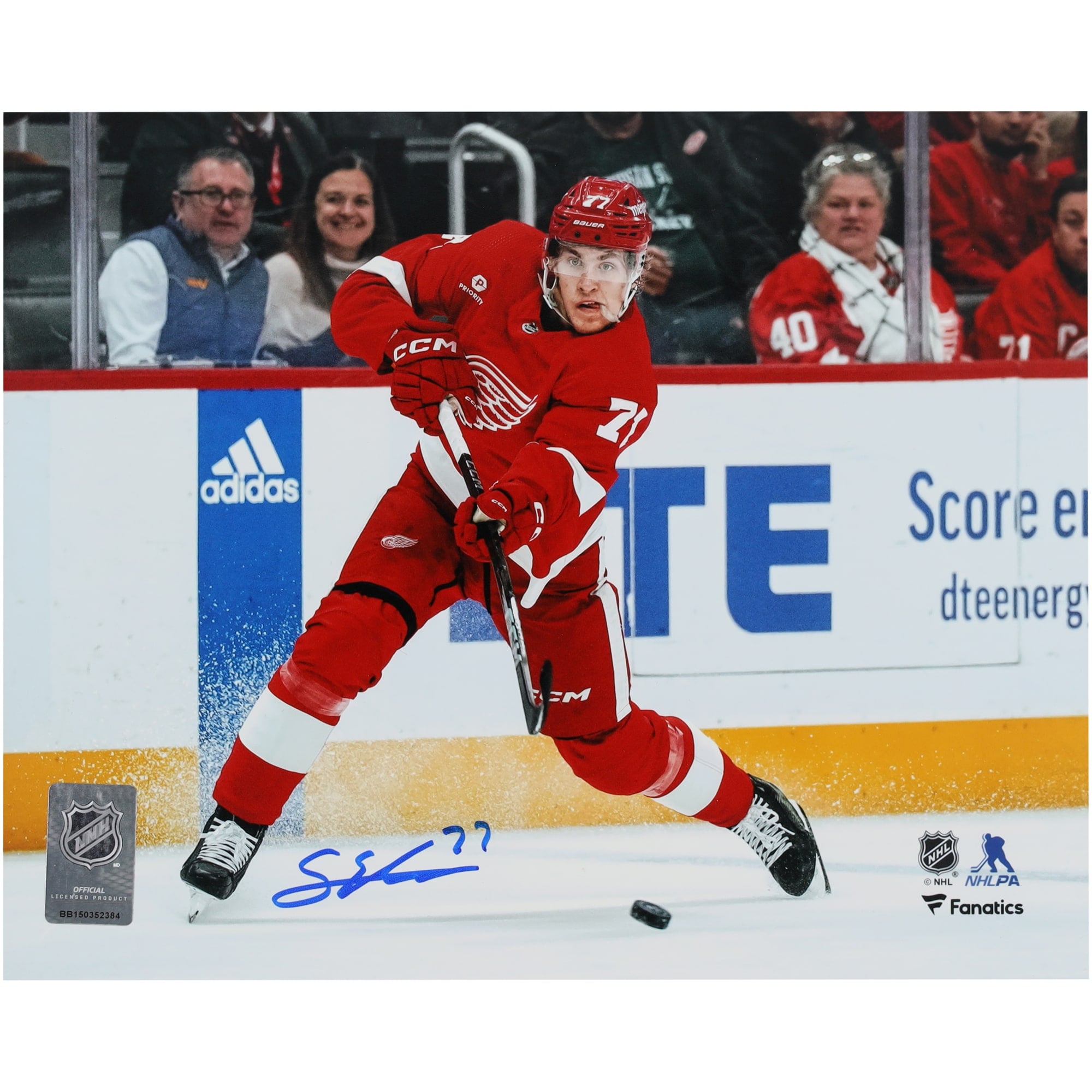 Simon Edvinsson Detroit Red Wings Autographed 8" x 10" Red Jersey Shooting Photograph