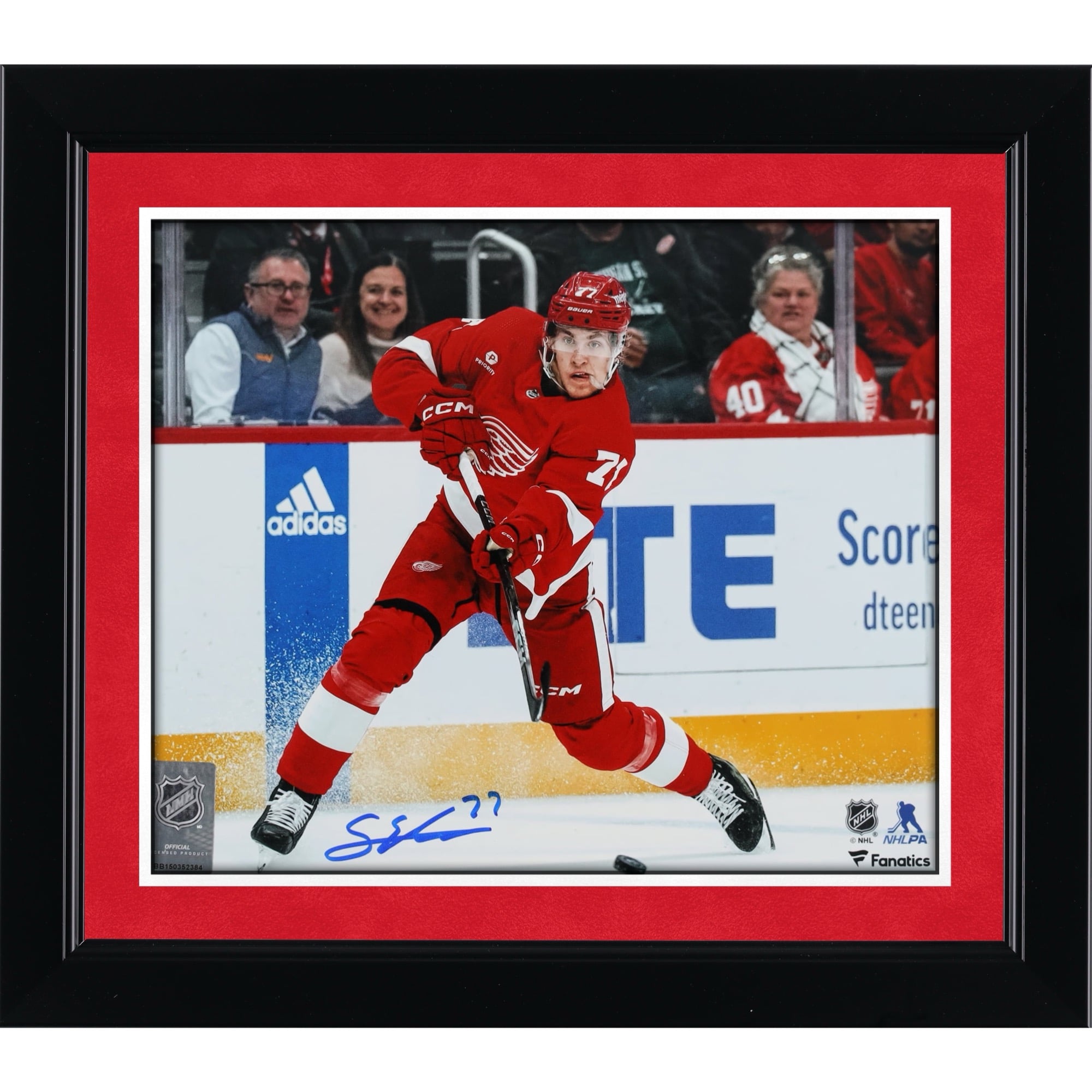 Simon Edvinsson Detroit Red Wings Autographed 8" x 10" Red Jersey Shooting Photograph