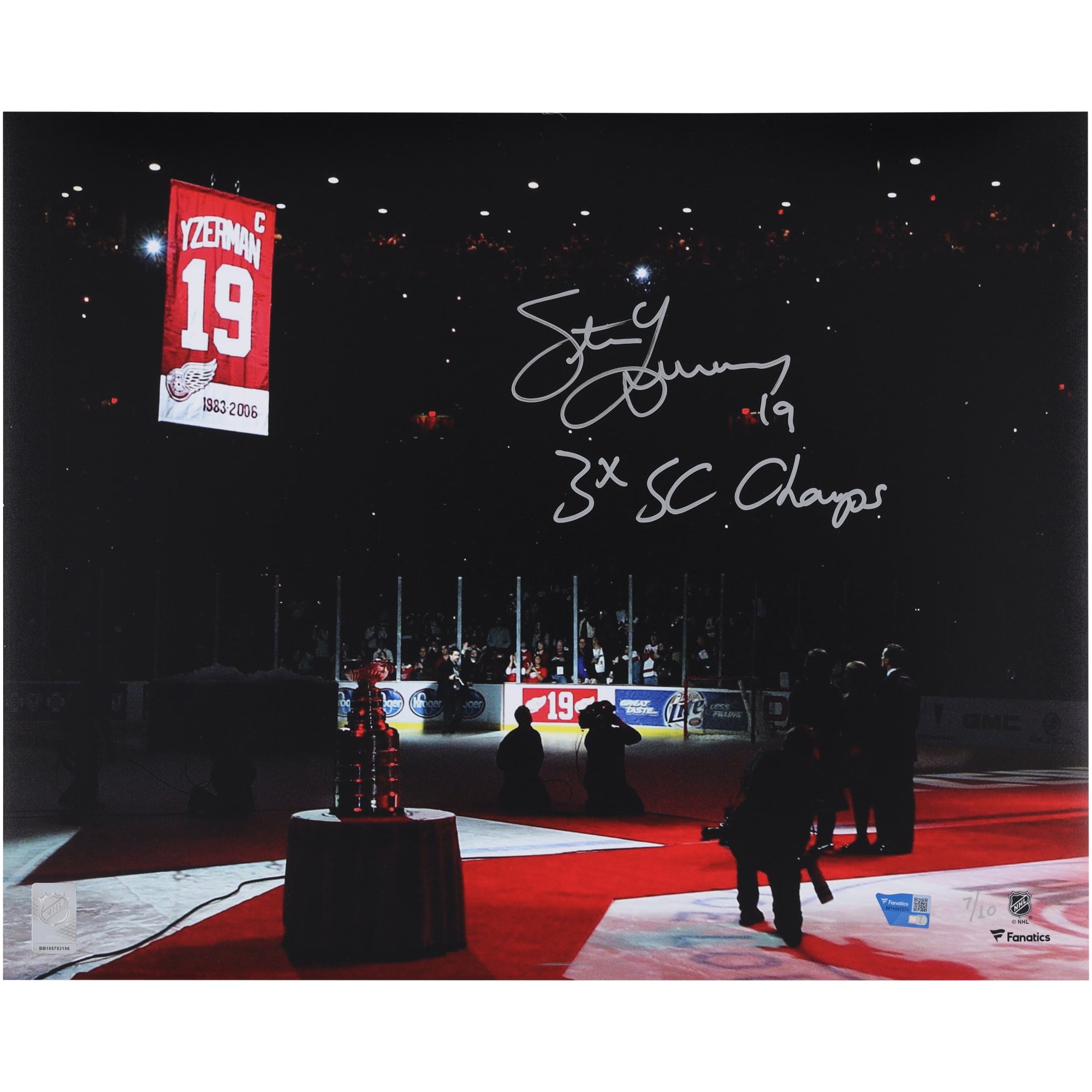 Steve Yzerman Detroit Red Wings Autographed 16" x 20" Jersey Retirement Night Photograph with "3X SC Champ" Inscription - Limited Edition of 10
