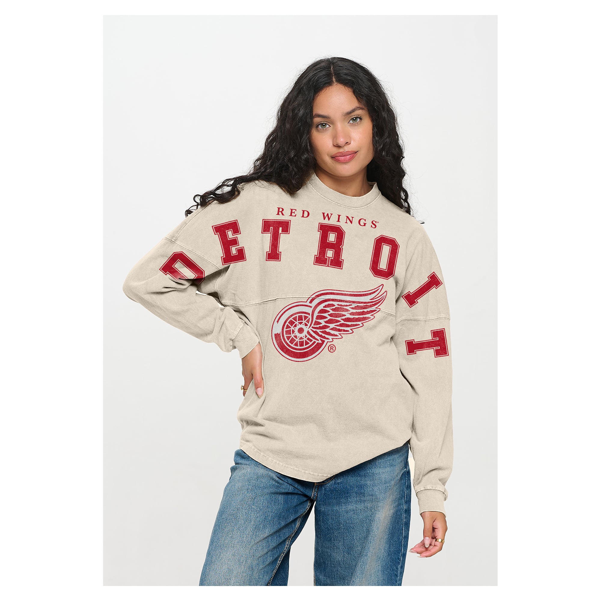Unisex Fanatics Cream Detroit Red Wings Oversized Front Print Spirit Jersey Long Sleeve T-Shirt