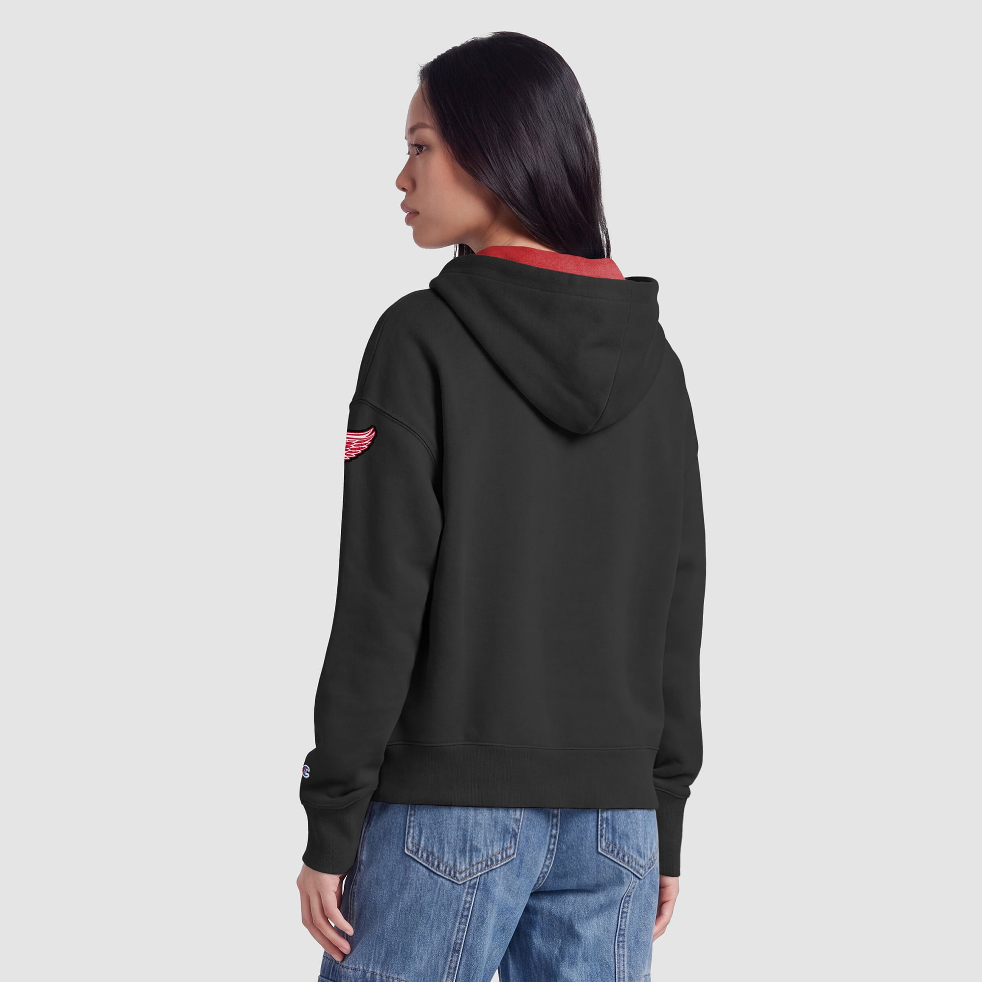Women's Champion Black/Red Detroit Red Wings Applique Full-Zip Fleece Hoodie
