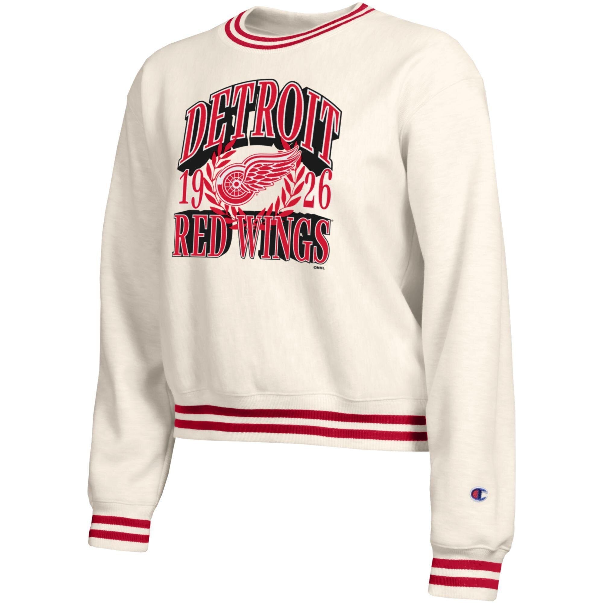 Sweat-shirt Champion crème pour femme, motif lauriers audacieux des Red Wings de Détroit, en fil tissé inversé.