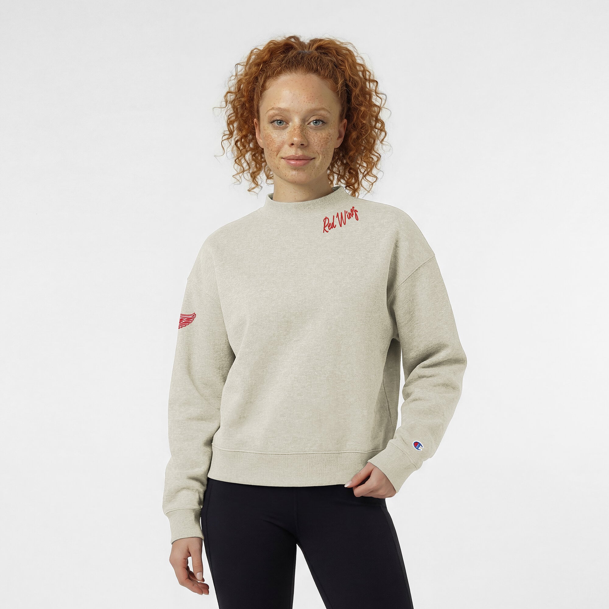 Women's Champion  Oatmeal Detroit Red Wings Collar Script Triumph Tri-Blend Fleece Sweatshirt