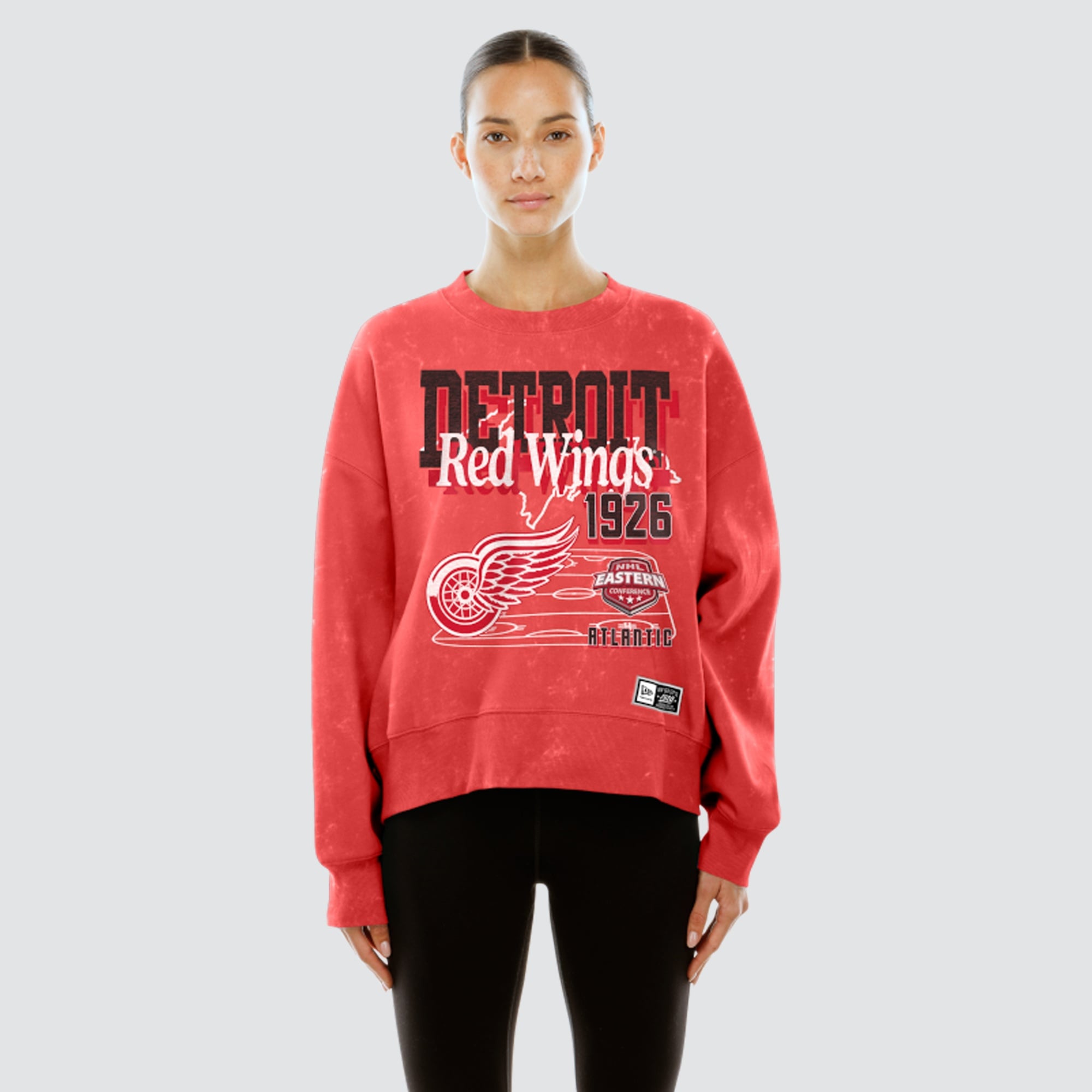 Sweat-shirt à col rond en molleton français New Era rouge Detroit Red Wings pour femme, style rétro, délavé l'huile minérale