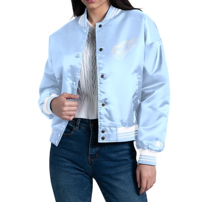 Detroit Red Wings Starter Women's Fashion Script Satin Full-Snap Varsity Jacket - Blue