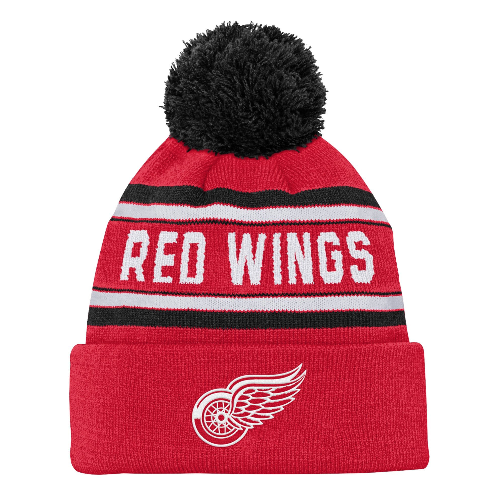 Bonnet en tricot à revers jacquard rouge Detroit Red Wings pour jeunes avec pompon