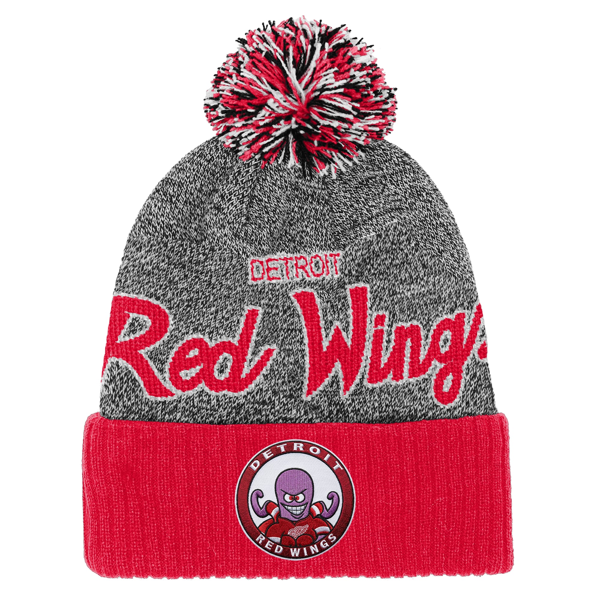 Bonnet tricoté à revers Mitchell & Ness rouge et gris à l'effigie de la mascotte des Red Wings de Détroit, avec pompon.