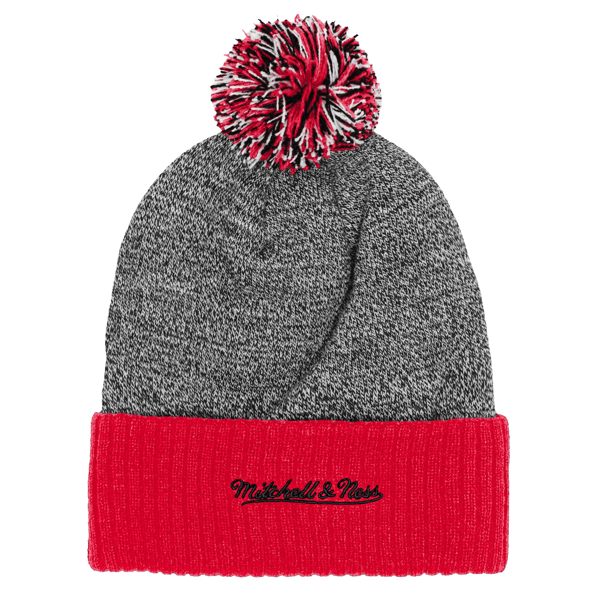 Bonnet tricoté à revers Mitchell & Ness rouge et gris à l'effigie de la mascotte des Red Wings de Détroit, avec pompon.