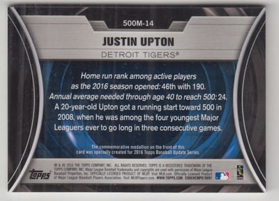2016 Topps Update 500 HR Futures Club Medallions #500M14 Justin Upton