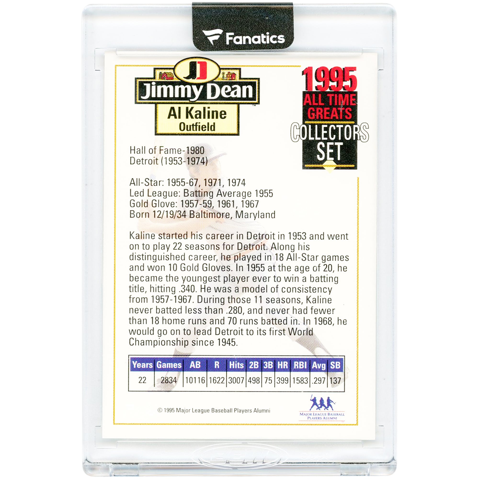 Carte autographiée par Al Kaline des Tigers de Detroit, collection Jimmy Dean All Time Greats 1995 #AK