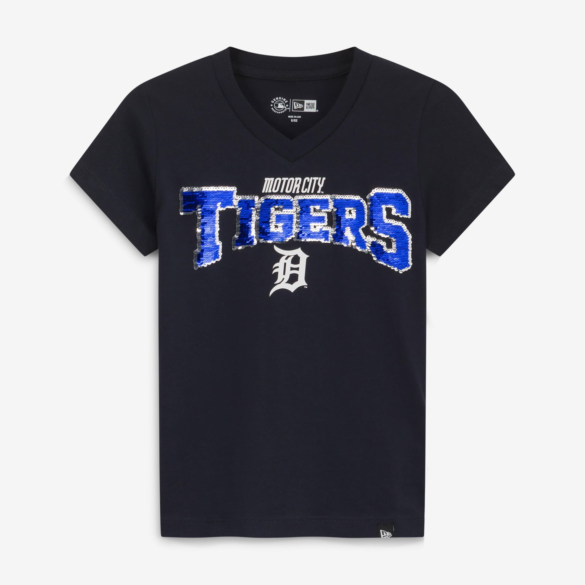 T-shirt à col en V sequins réversibles New Era bleu marine Detroit Tigers City Connect pour jeunes filles