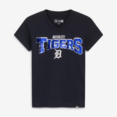  Detroit Tigers New Era Girls Youth City Connect Flip Sequin V-Neck T-Shirt - Navy