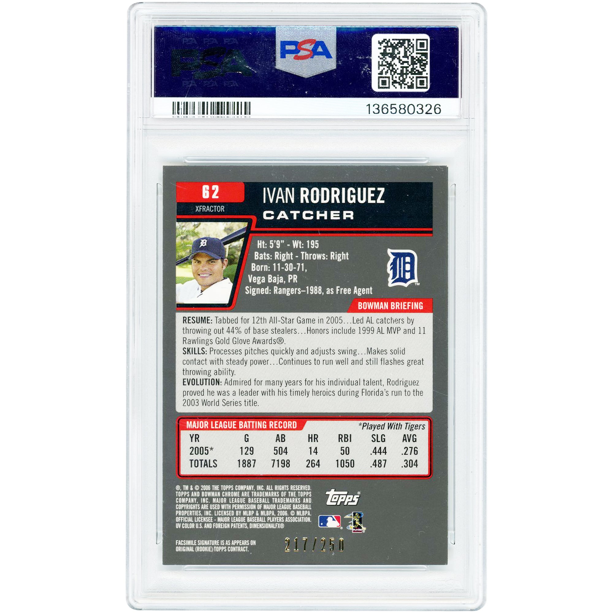 Ivan Rodriguez Detroit Tigers 2006 Bowman Chrome X-Fractor #62 #217/250 PSA Authenticated 9 Card